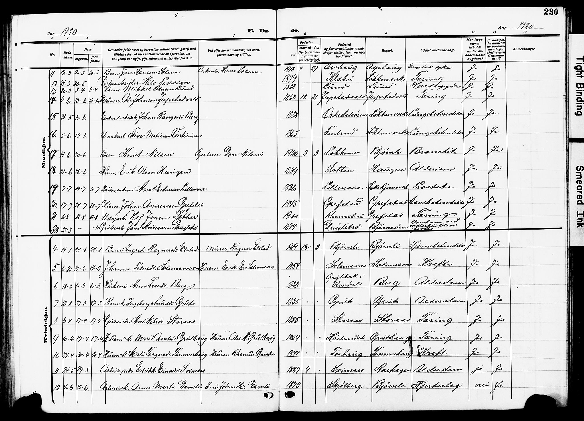 Ministerialprotokoller, klokkerbøker og fødselsregistre - Sør-Trøndelag, SAT/A-1456/672/L0865: Parish register (copy) no. 672C04, 1914-1928, p. 230