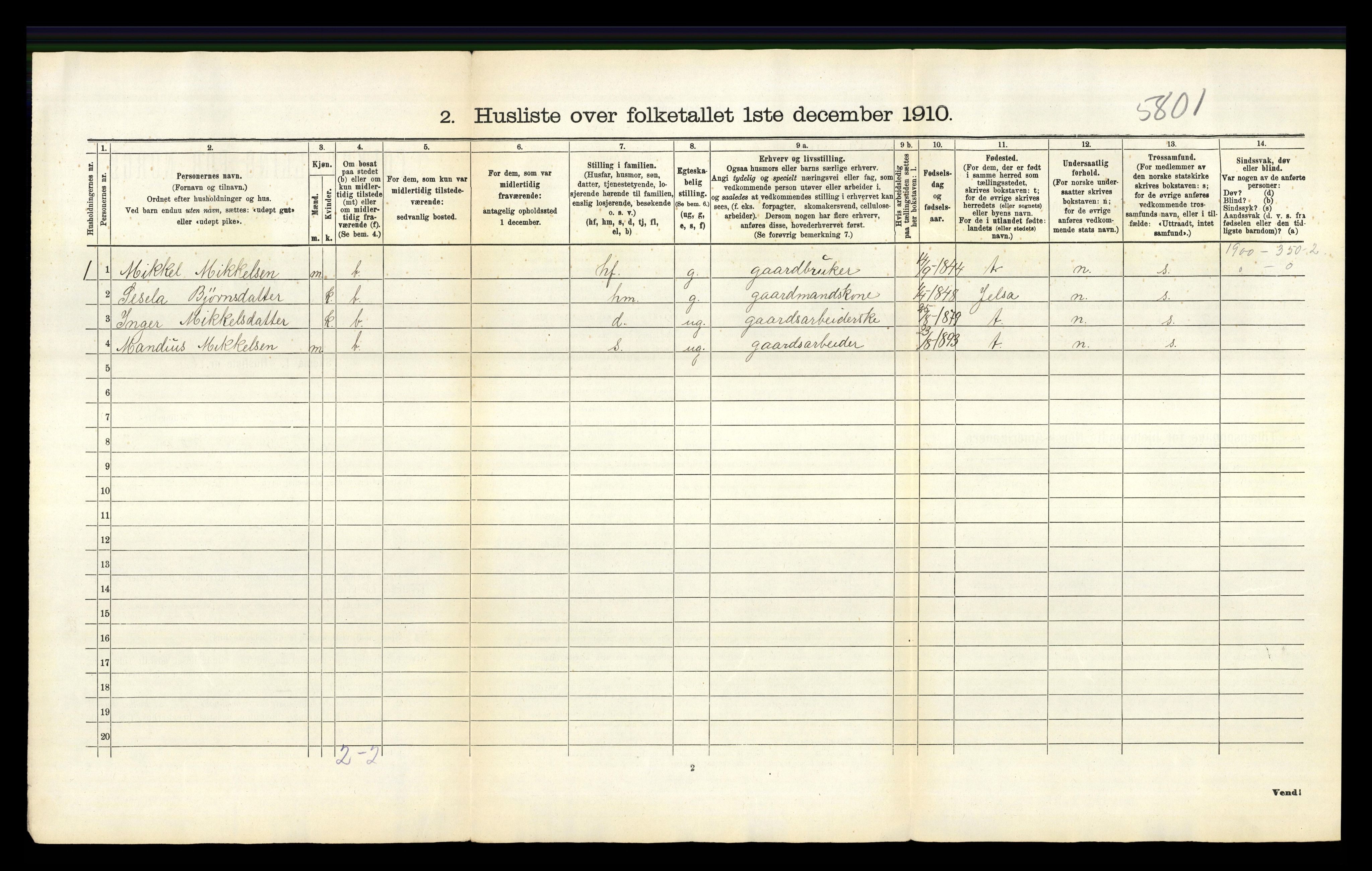 RA, 1910 census for Sand, 1910, p. 42