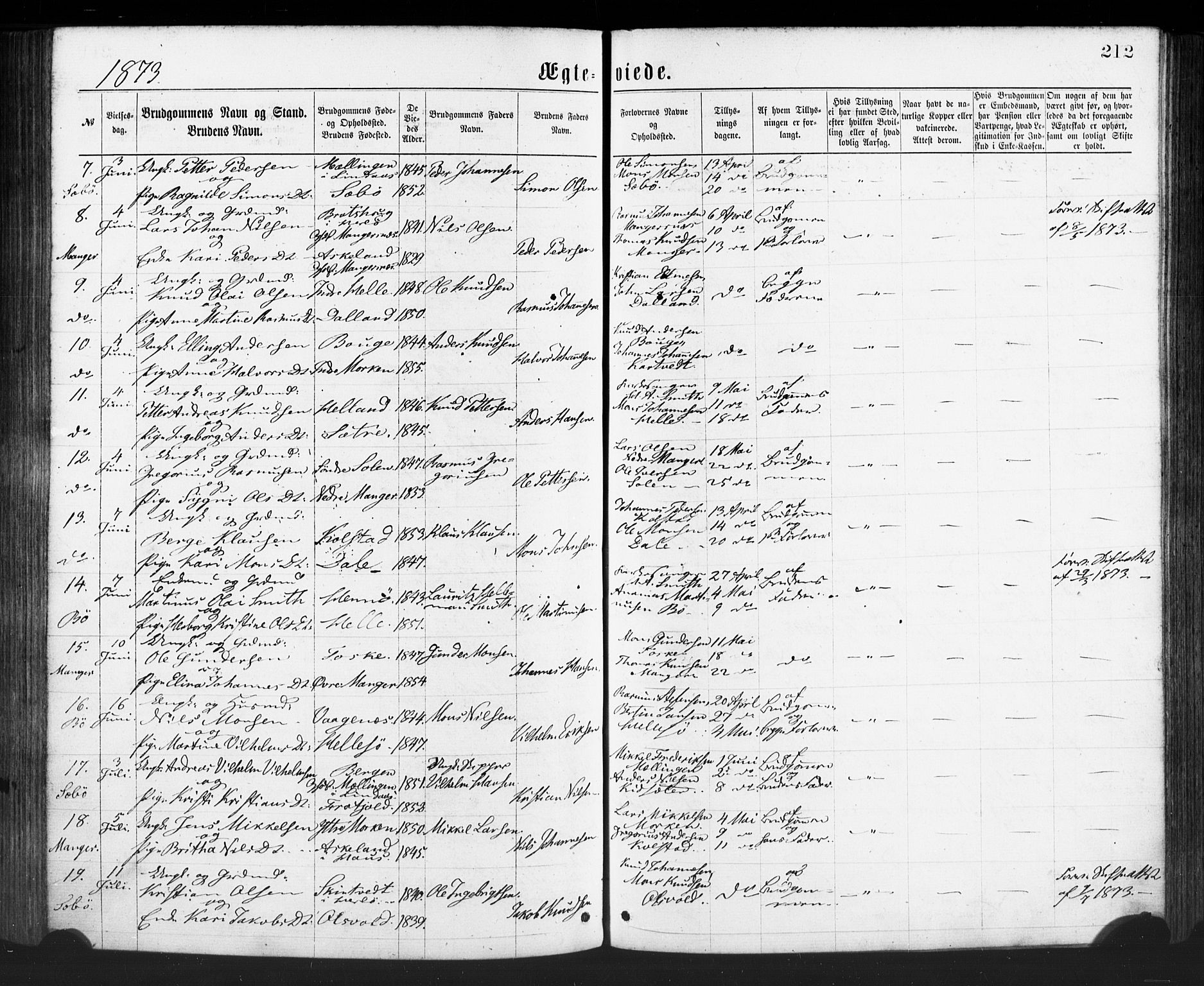 Manger sokneprestembete, SAB/A-76801/H/Haa: Parish register (official) no. A 8, 1871-1880, p. 212