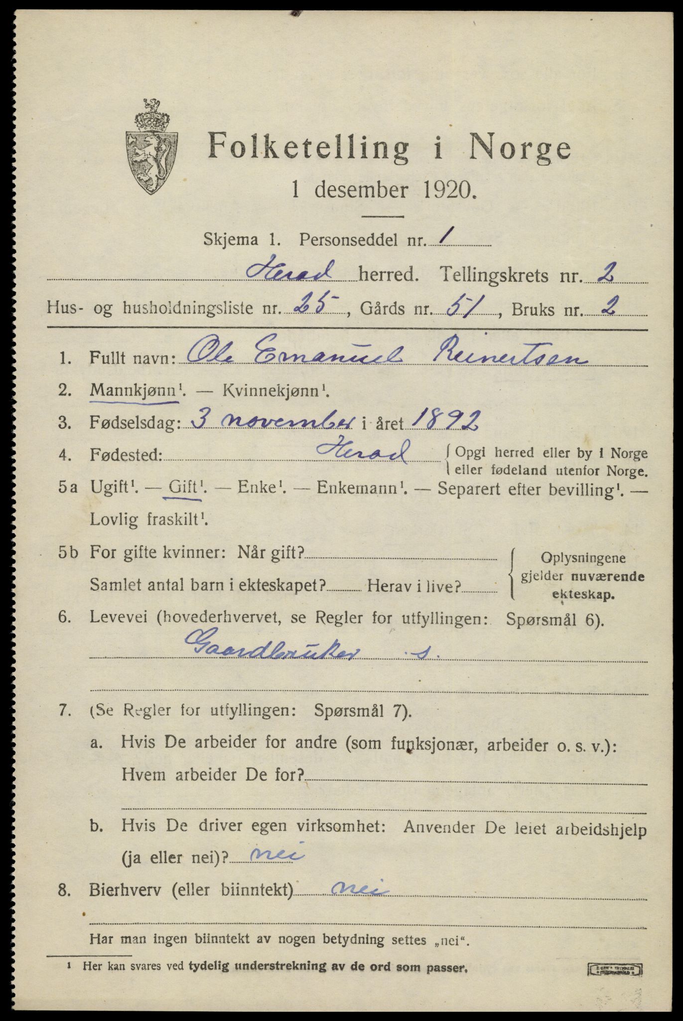 SAK, 1920 census for Herad, 1920, p. 1296