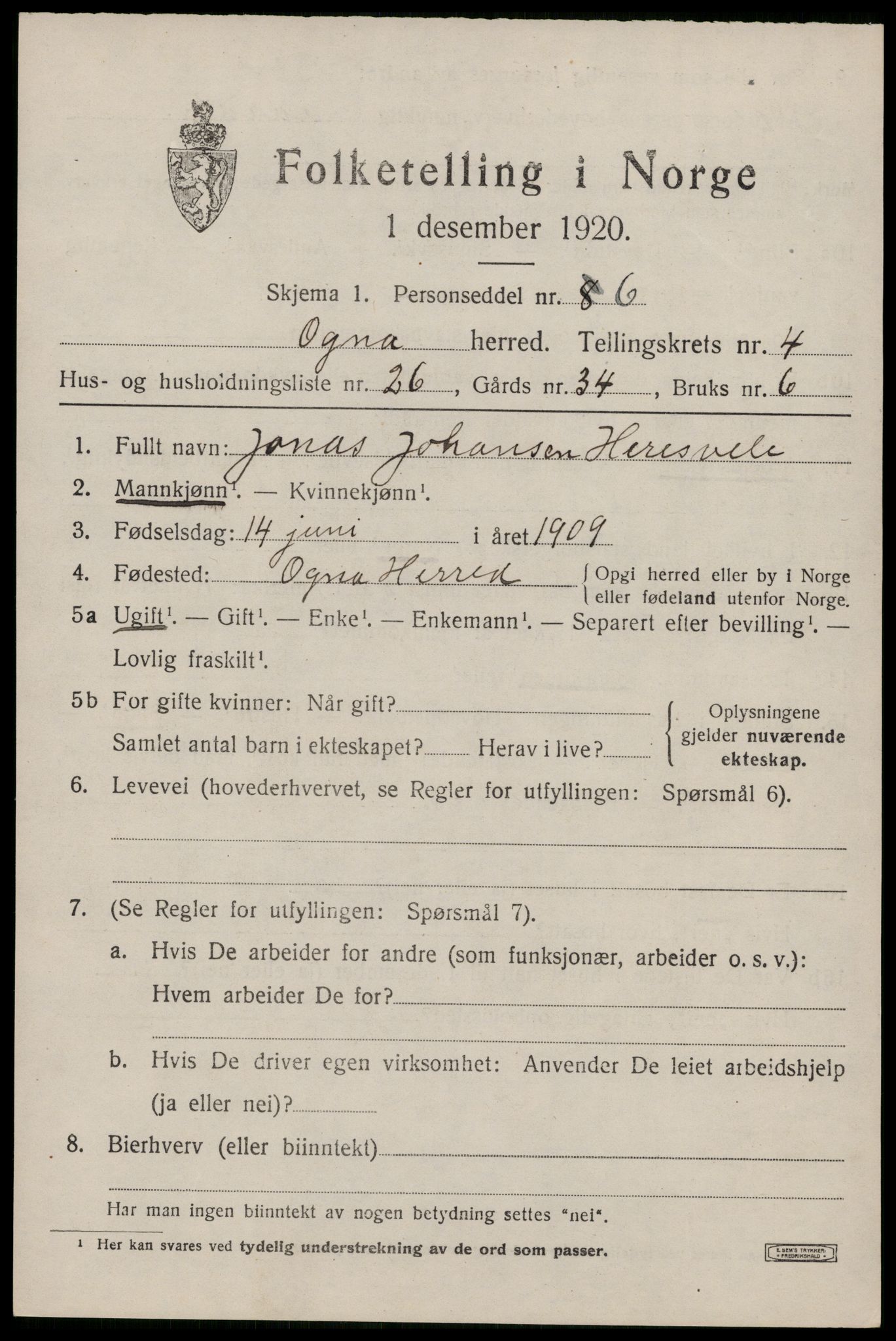 SAST, 1920 census for Ogna, 1920, p. 2757