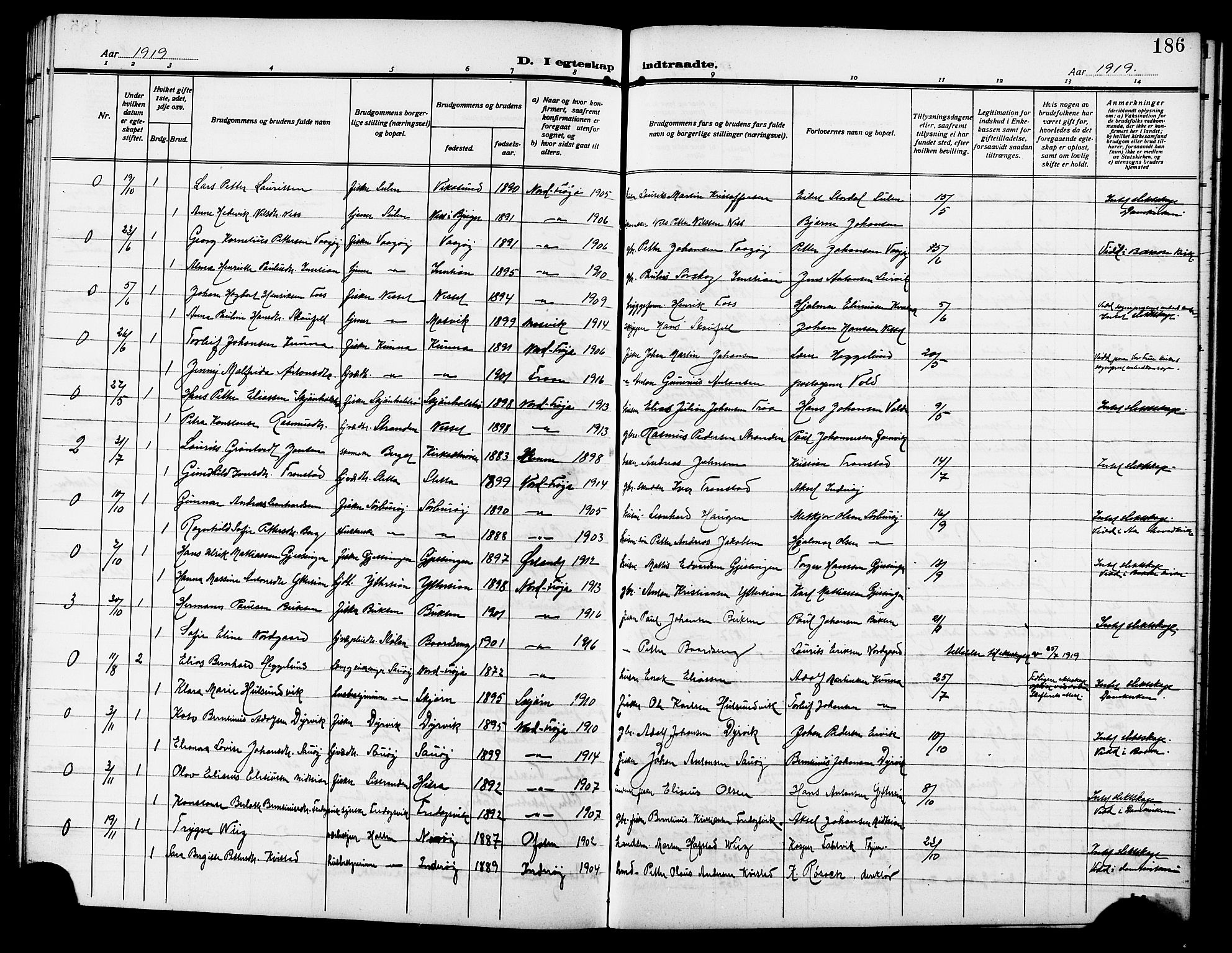 Ministerialprotokoller, klokkerbøker og fødselsregistre - Sør-Trøndelag, SAT/A-1456/640/L0588: Parish register (copy) no. 640C05, 1909-1922, p. 186