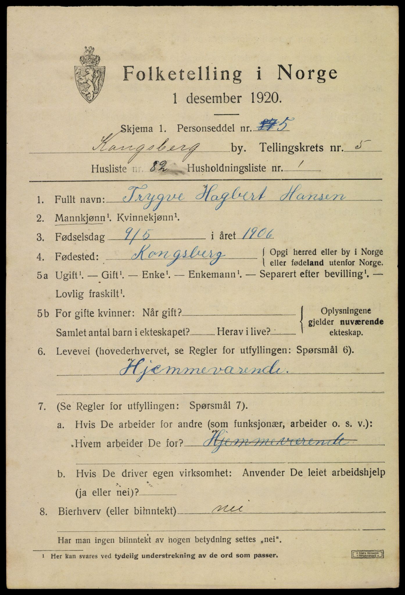 SAKO, 1920 census for Kongsberg, 1920, p. 13570