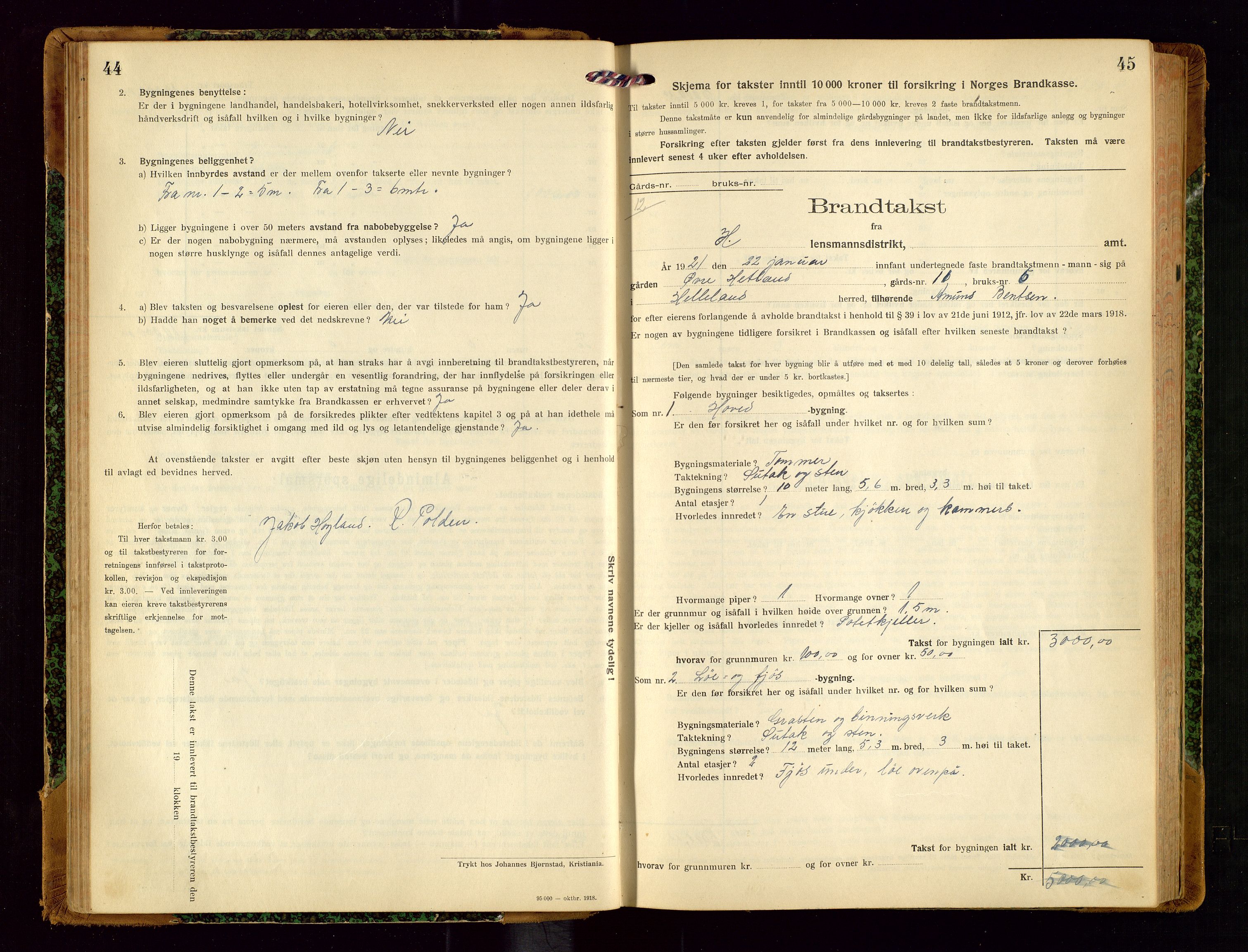 Helleland lensmannskontor, AV/SAST-A-100209/Gob/L0002: "Brandtakstprotokoll", 1921-1930, p. 44-45