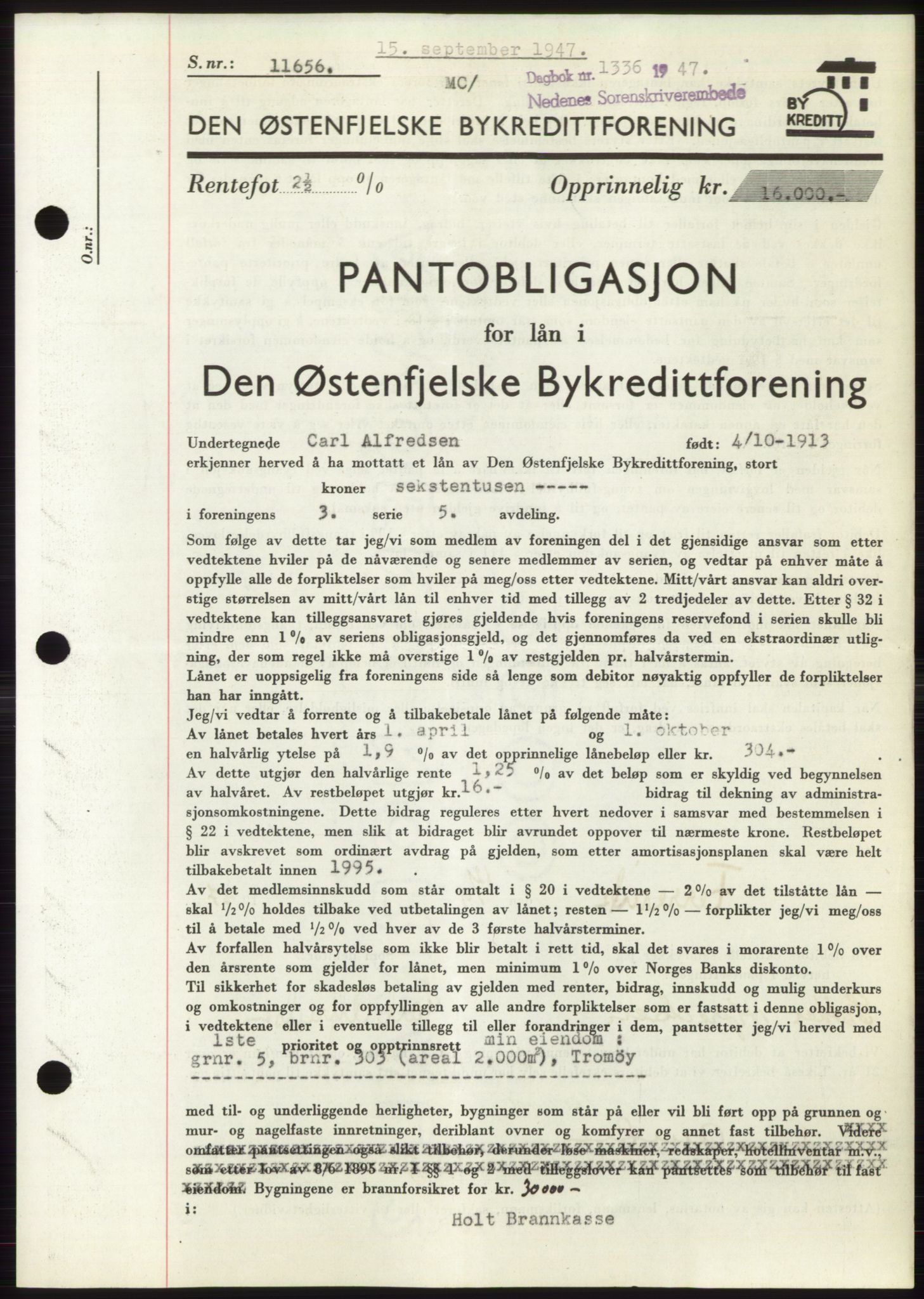 Nedenes sorenskriveri, AV/SAK-1221-0006/G/Gb/Gbb/L0004: Mortgage book no. B4, 1947-1947, Diary no: : 1336/1947