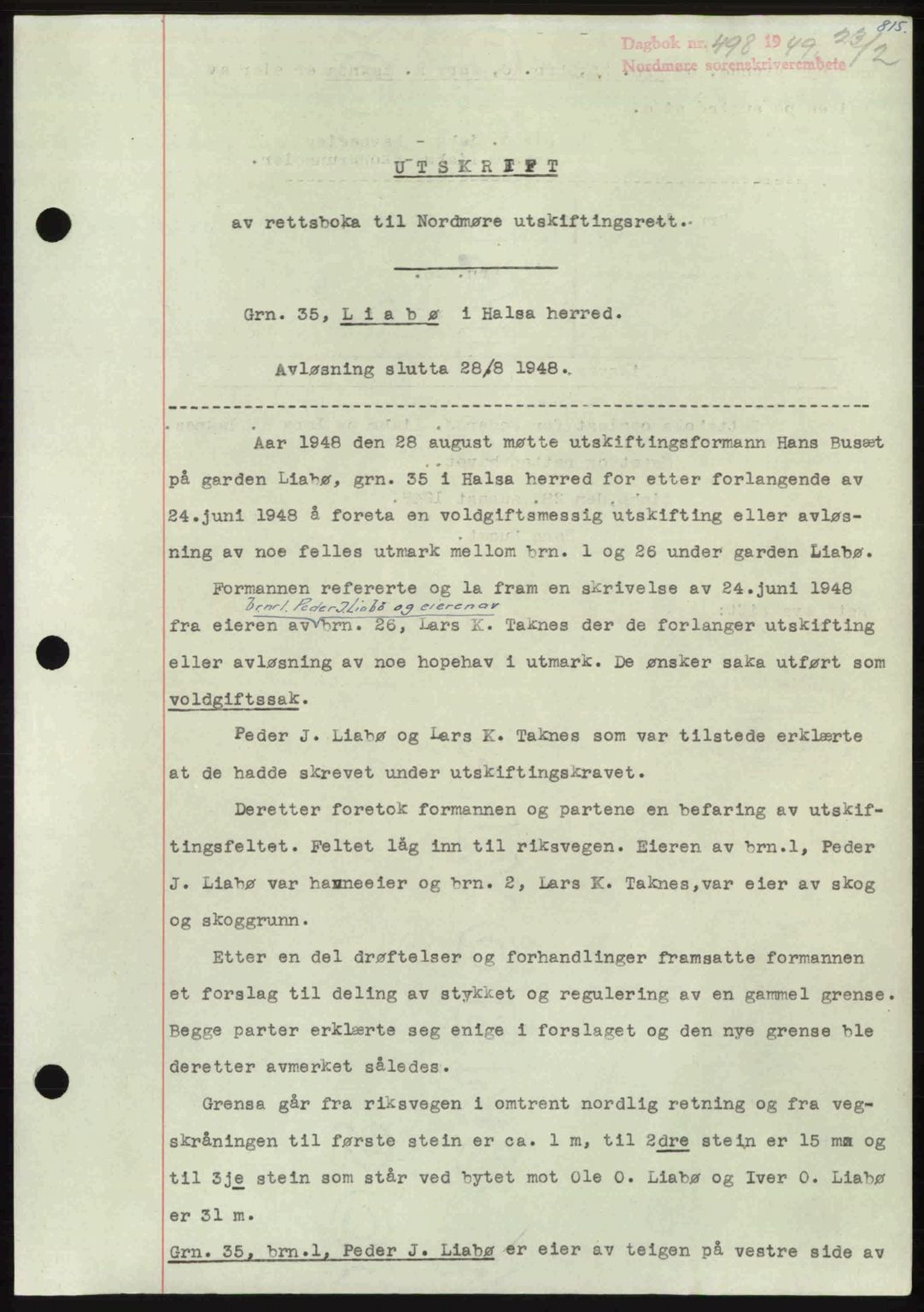 Nordmøre sorenskriveri, AV/SAT-A-4132/1/2/2Ca: Mortgage book no. A110, 1948-1949, Diary no: : 498/1949