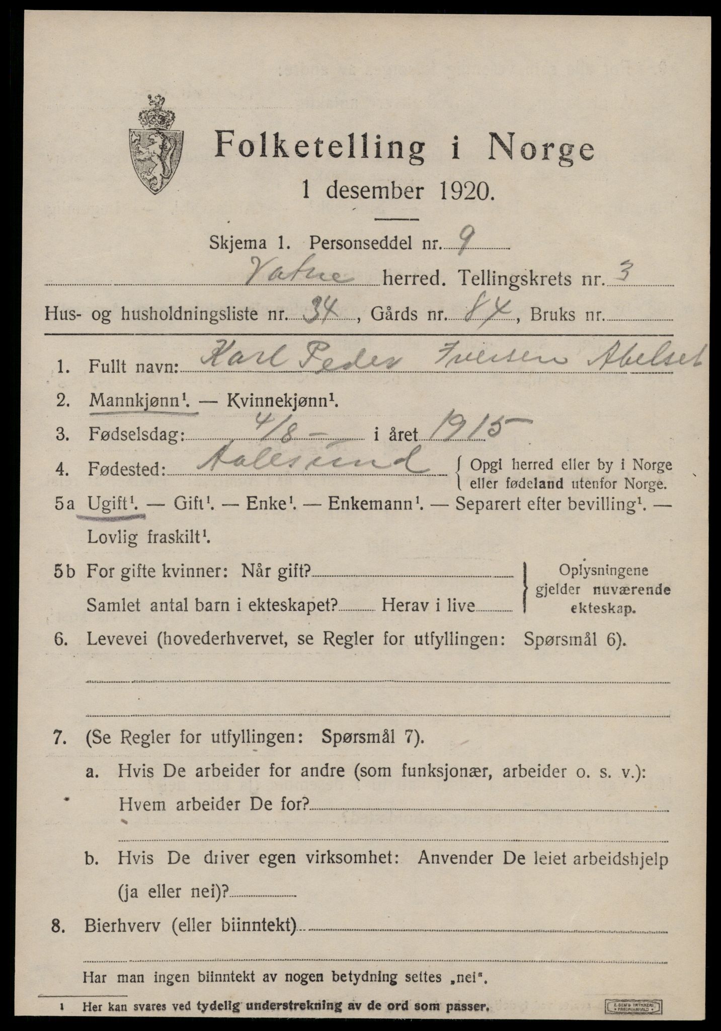 SAT, 1920 census for Vatne, 1920, p. 1804