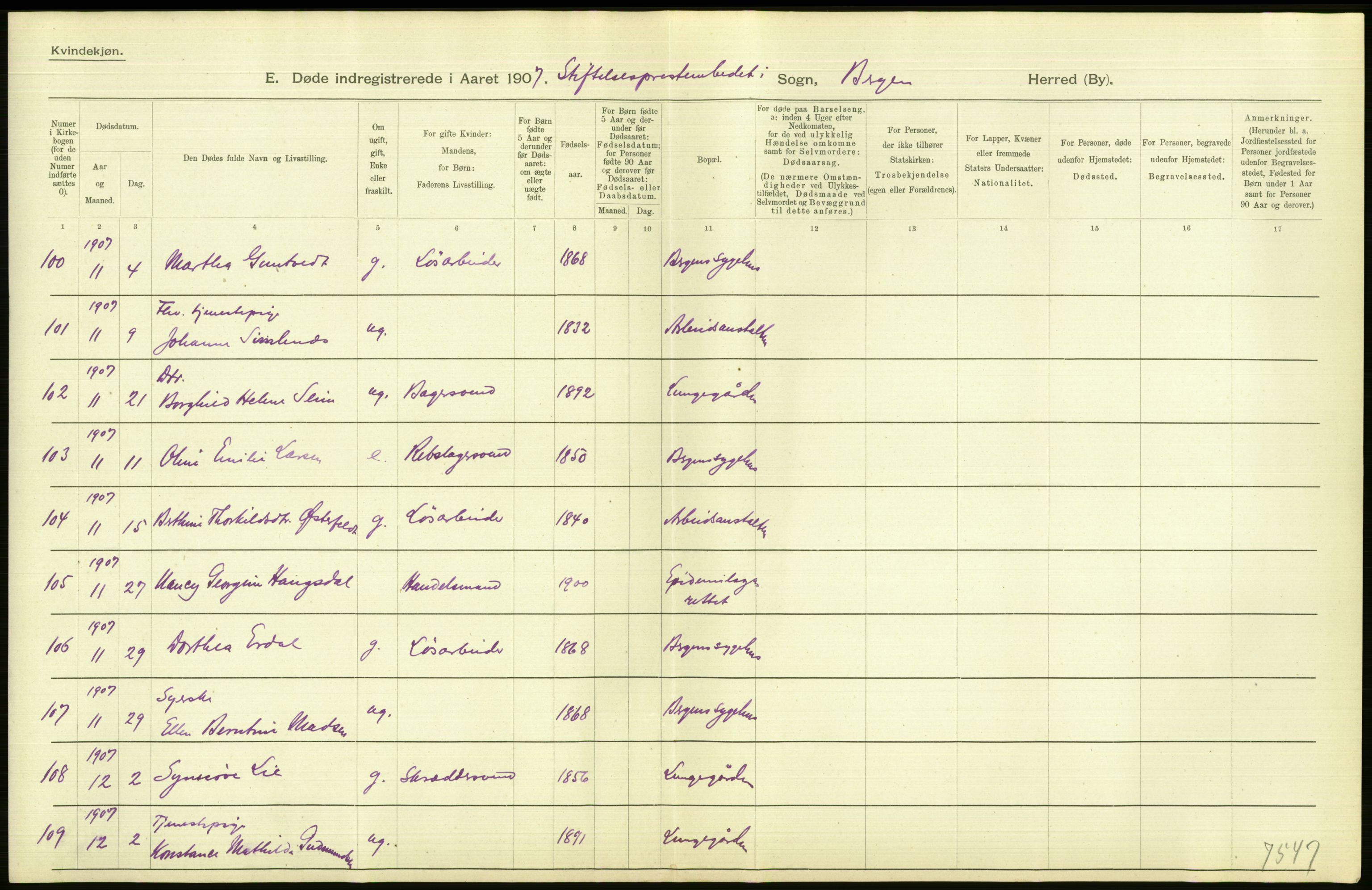 Statistisk sentralbyrå, Sosiodemografiske emner, Befolkning, AV/RA-S-2228/D/Df/Dfa/Dfae/L0031: Bergen: gifte, døde, dødfødte., 1907, p. 194