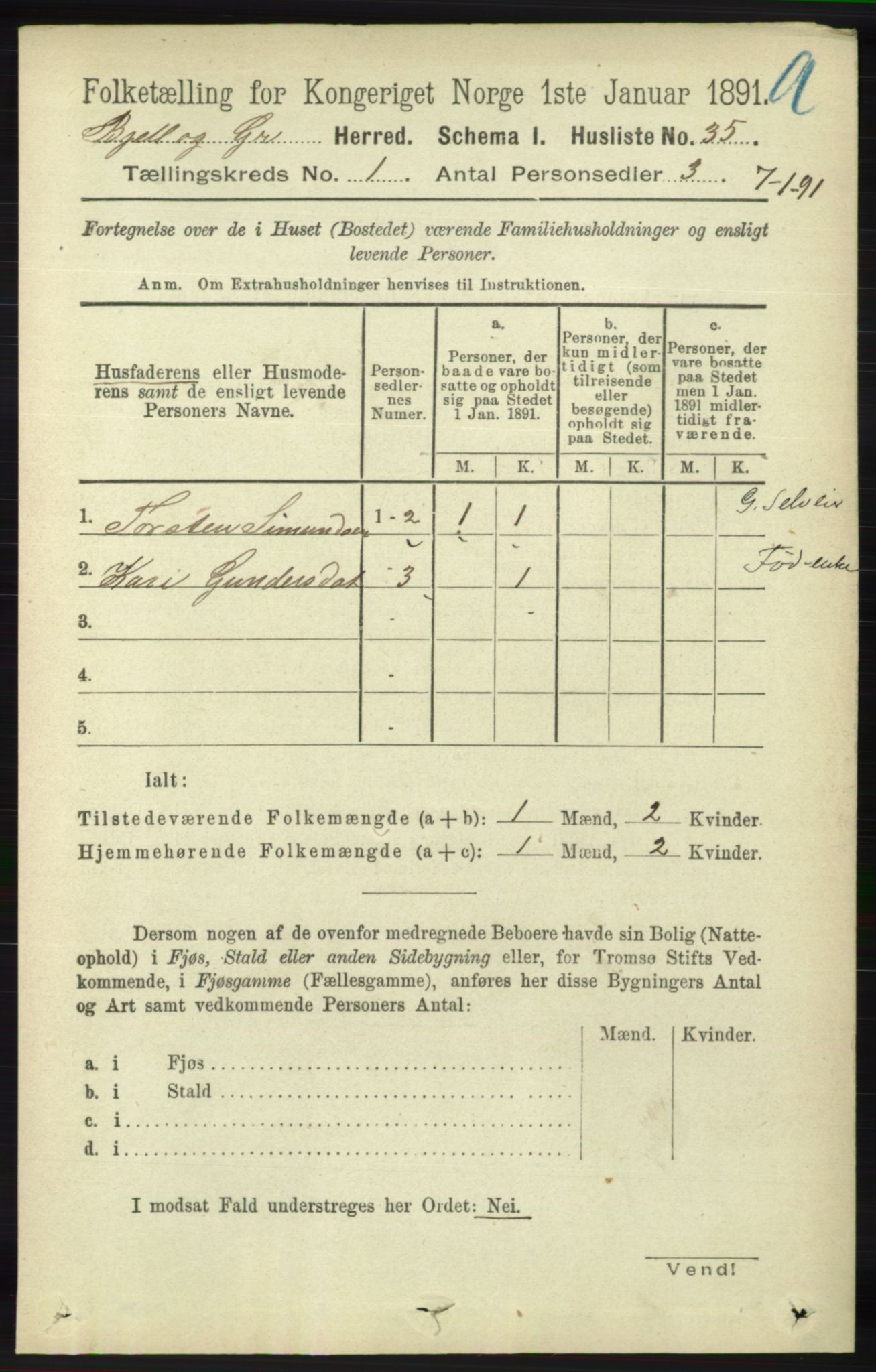 RA, 1891 census for 1024 Bjelland og Grindheim, 1891, p. 58