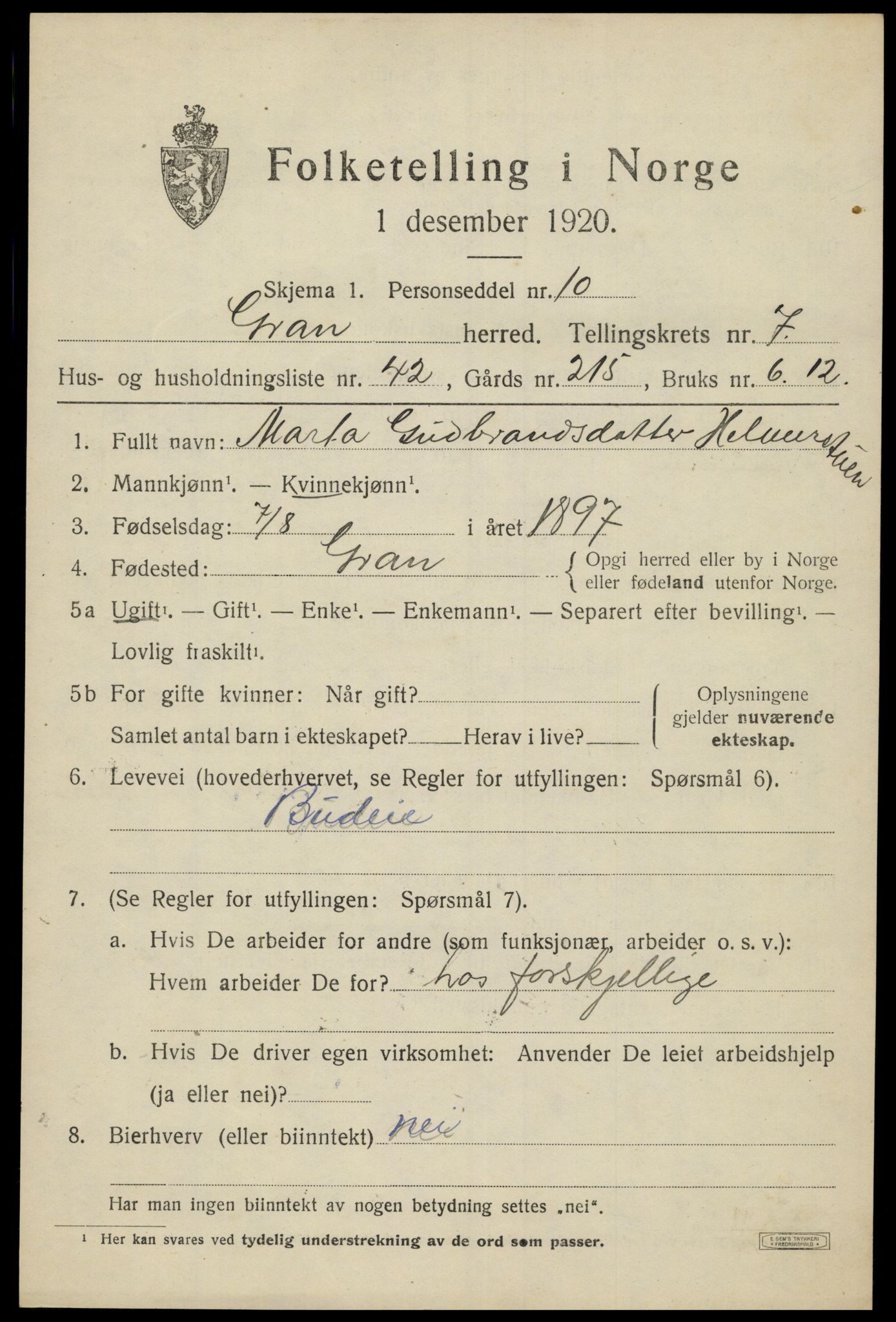 SAH, 1920 census for Gran, 1920, p. 9929