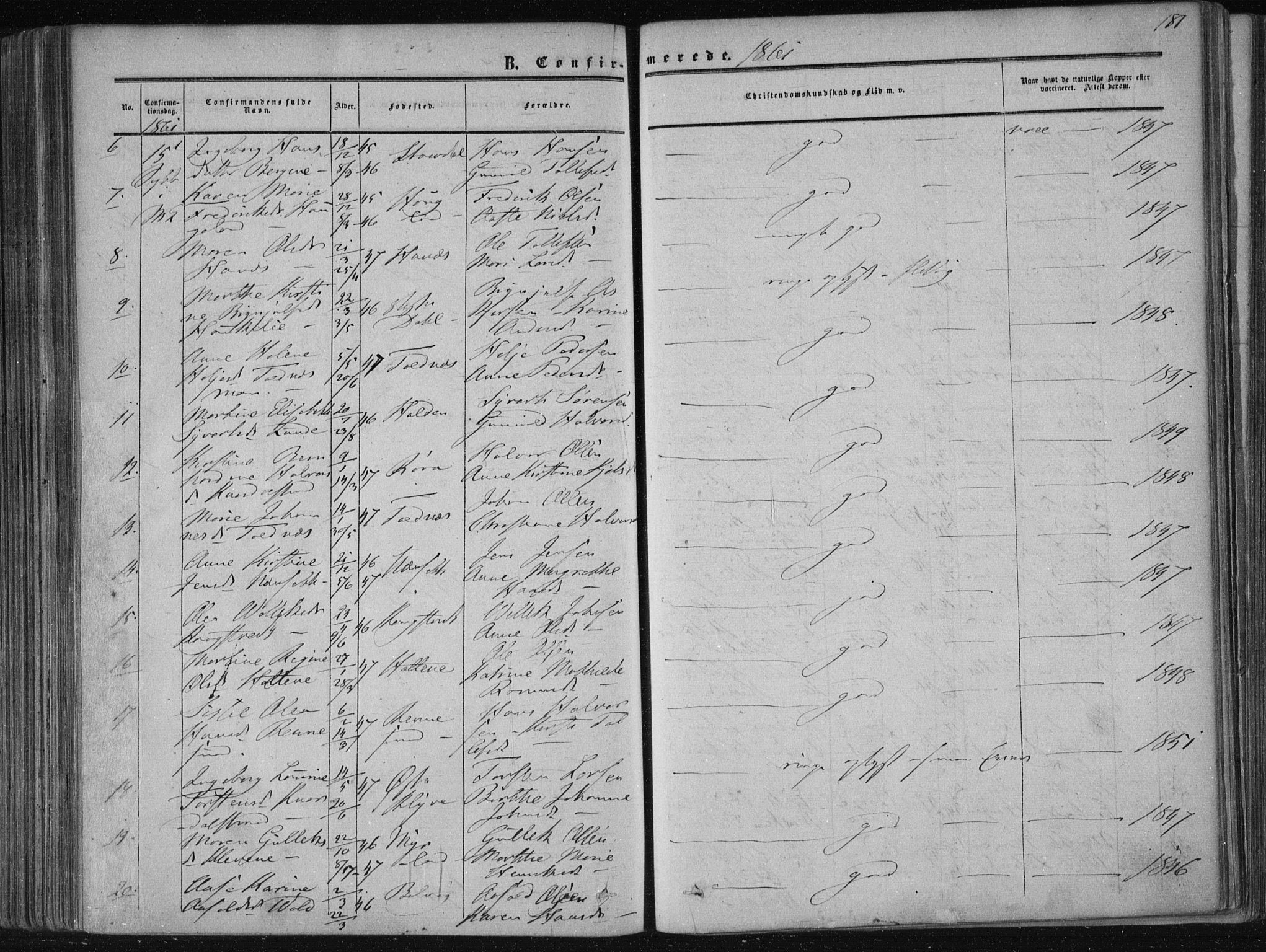 Solum kirkebøker, AV/SAKO-A-306/F/Fa/L0007: Parish register (official) no. I 7, 1856-1864, p. 181