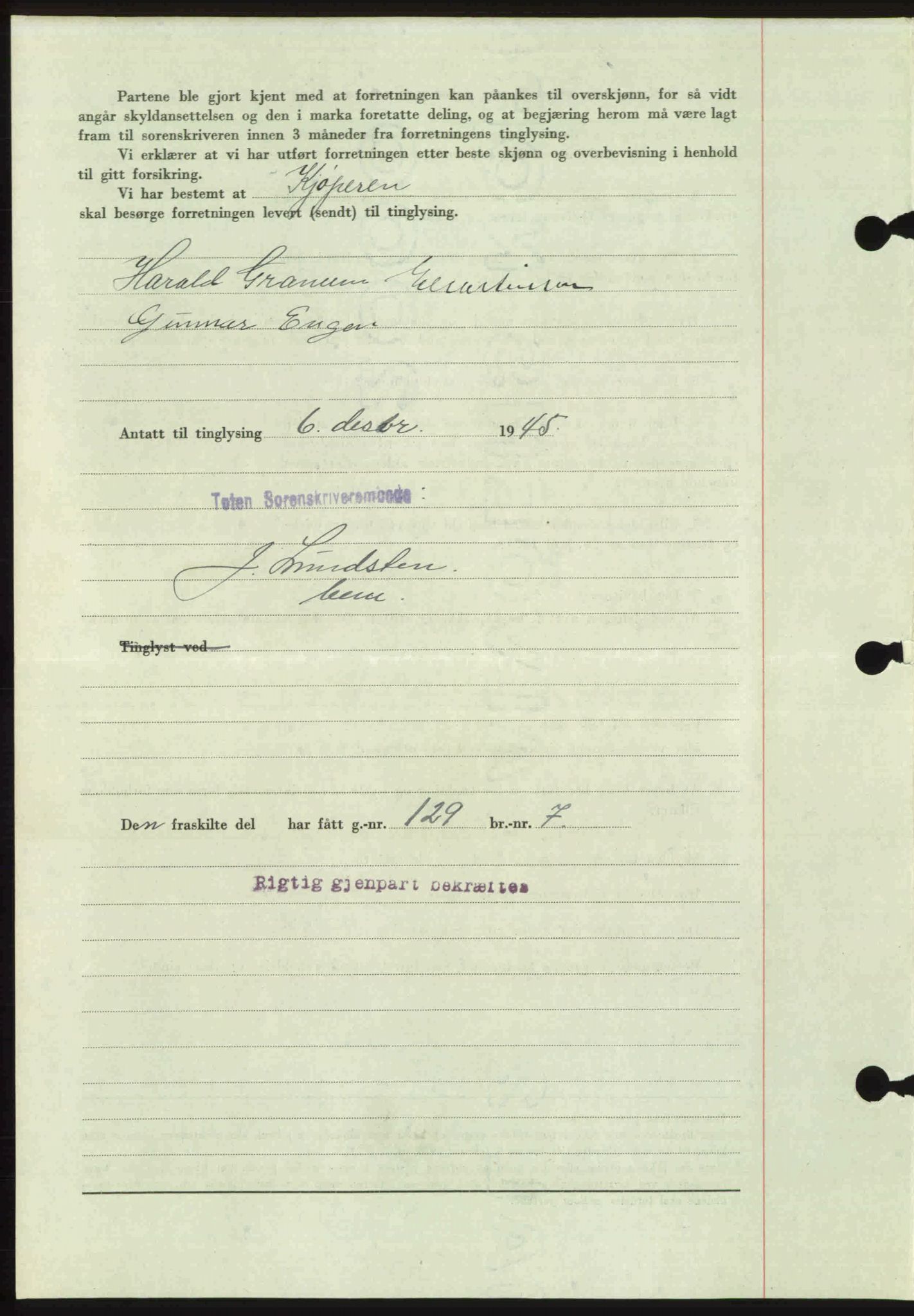 Toten tingrett, SAH/TING-006/H/Hb/Hbc/L0013: Mortgage book no. Hbc-13, 1945-1945, Diary no: : 1674/1945