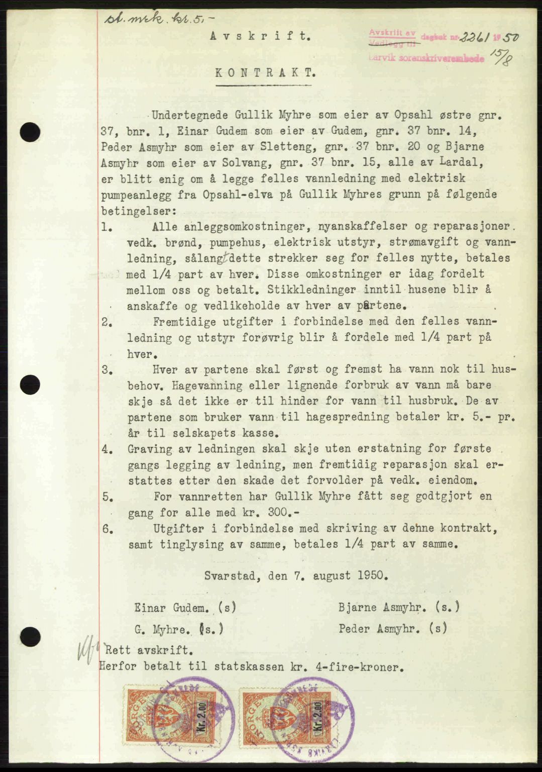 Larvik sorenskriveri, AV/SAKO-A-83/G/Ga/Gab/L0092: Mortgage book no. A-26, 1950-1950, Diary no: : 2261/1950