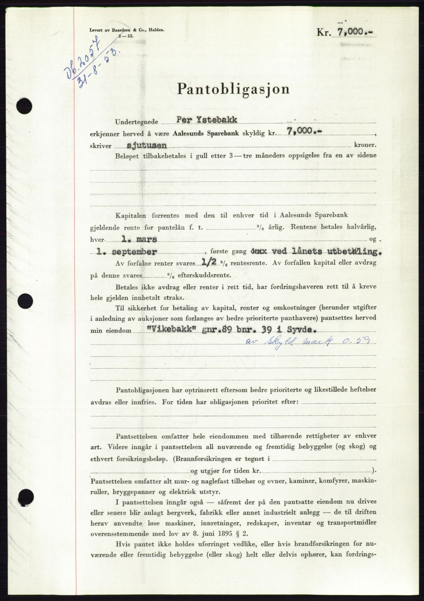 Søre Sunnmøre sorenskriveri, SAT/A-4122/1/2/2C/L0123: Mortgage book no. 11B, 1953-1953, Diary no: : 2057/1953