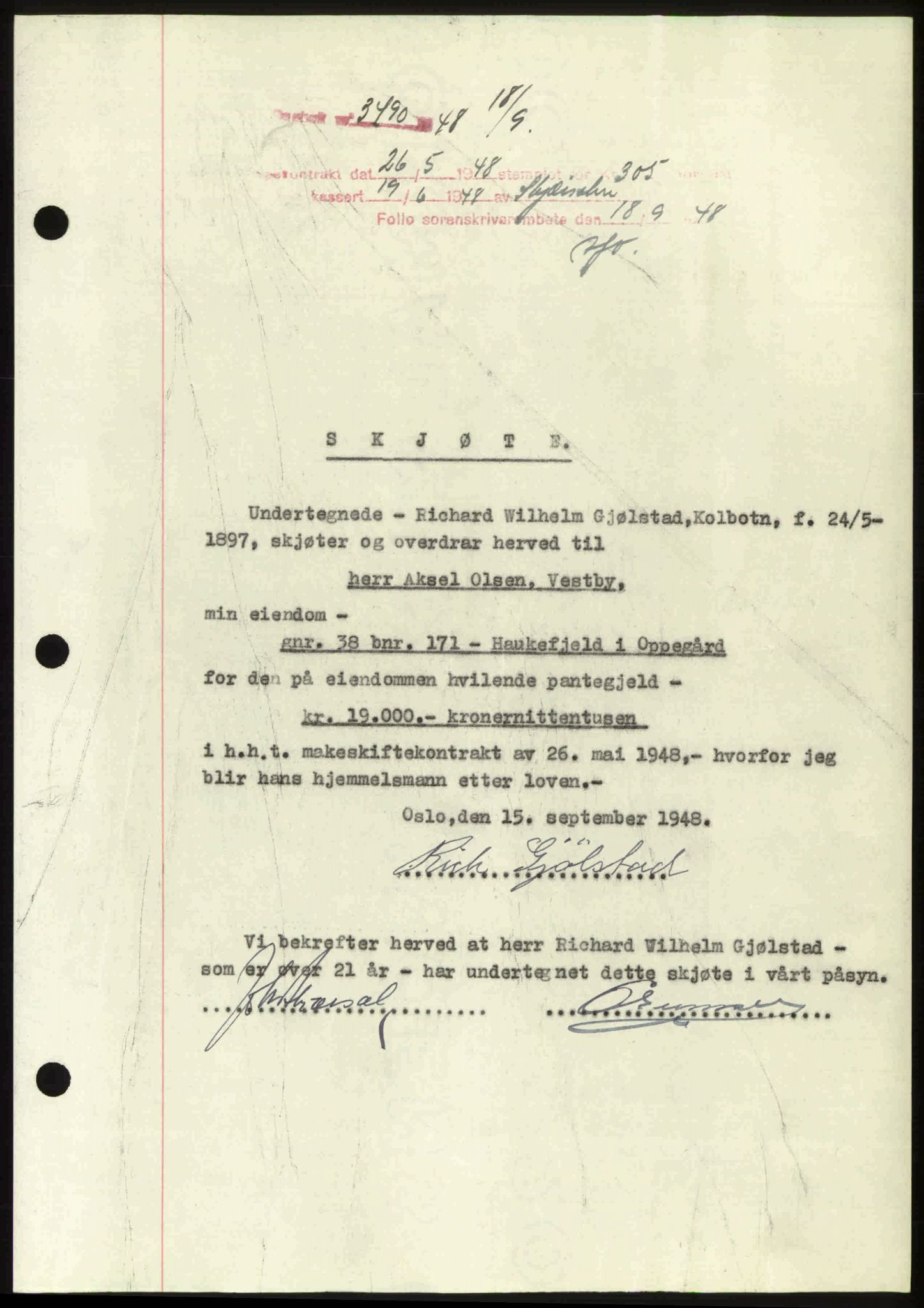 Follo sorenskriveri, SAO/A-10274/G/Ga/Gaa/L0085: Mortgage book no. I 85, 1948-1948, Diary no: : 3490/1948