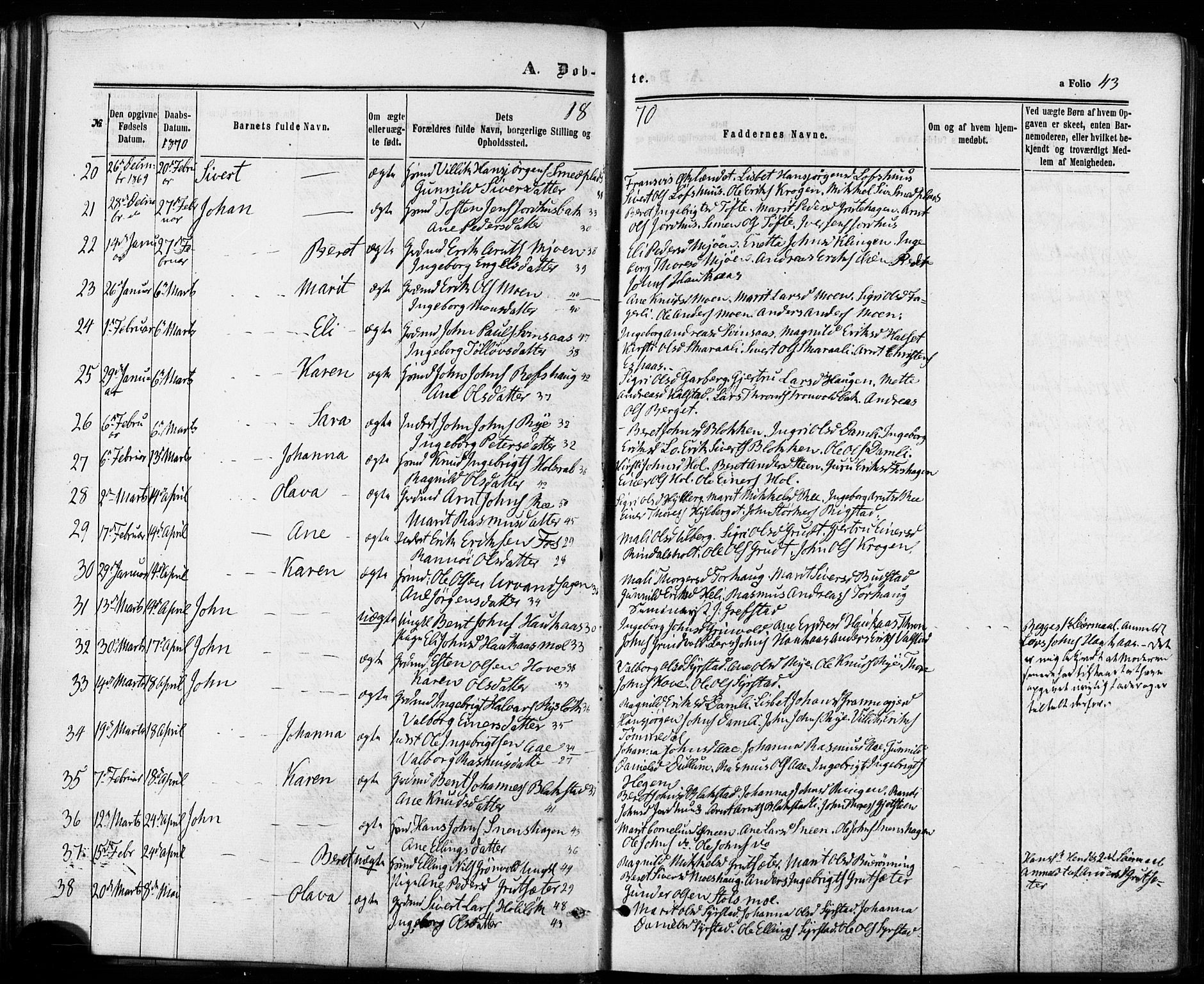 Ministerialprotokoller, klokkerbøker og fødselsregistre - Sør-Trøndelag, SAT/A-1456/672/L0856: Parish register (official) no. 672A08, 1861-1881, p. 43