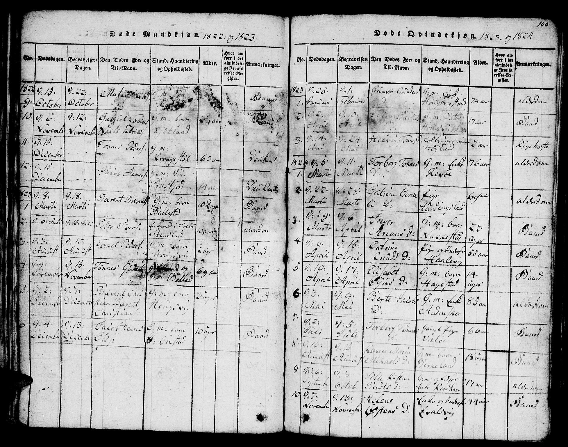 Lyngdal sokneprestkontor, SAK/1111-0029/F/Fb/Fba/L0001: Parish register (copy) no. B 1, 1816-1876, p. 100