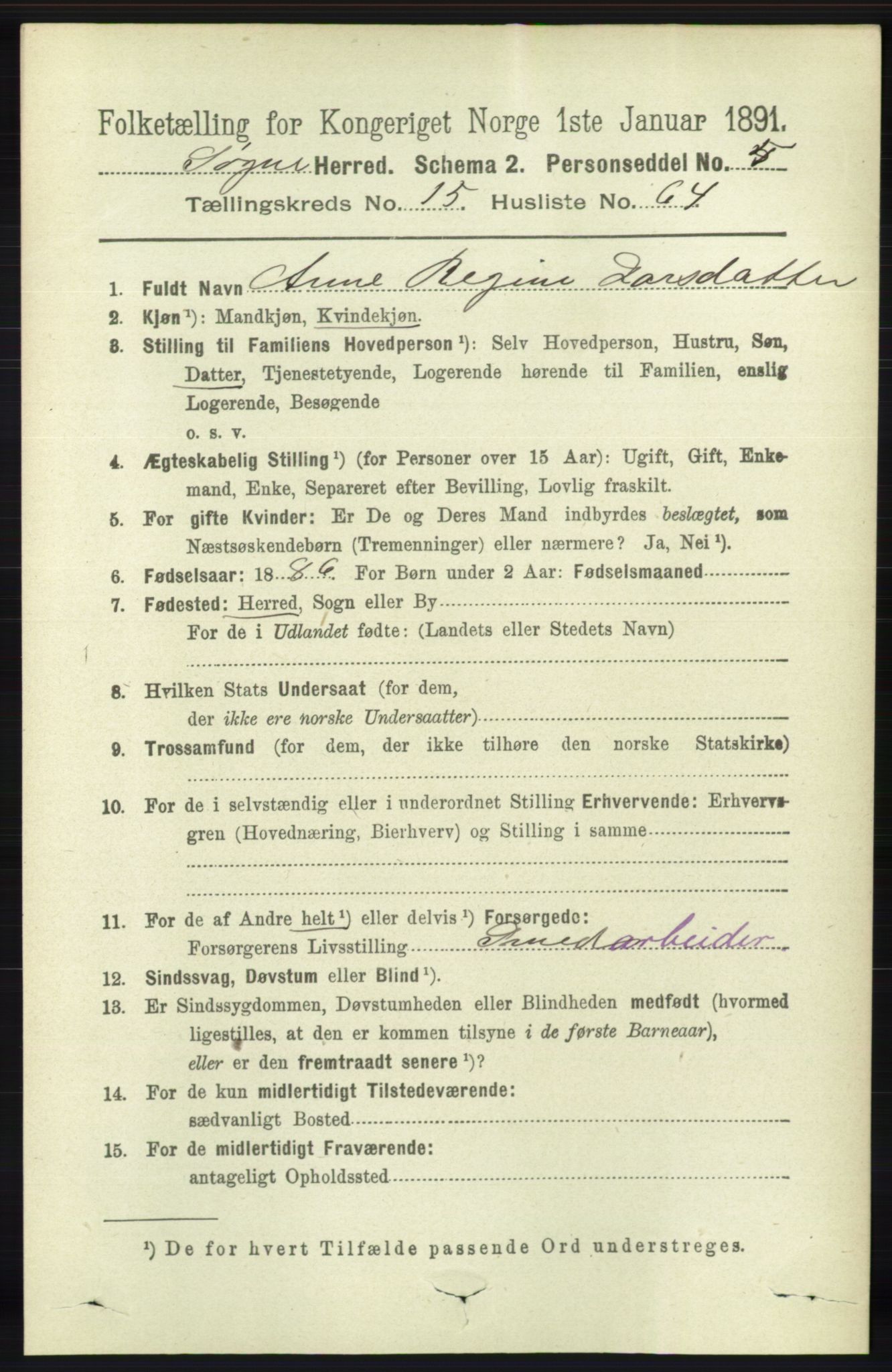 RA, 1891 census for 1018 Søgne, 1891, p. 4211