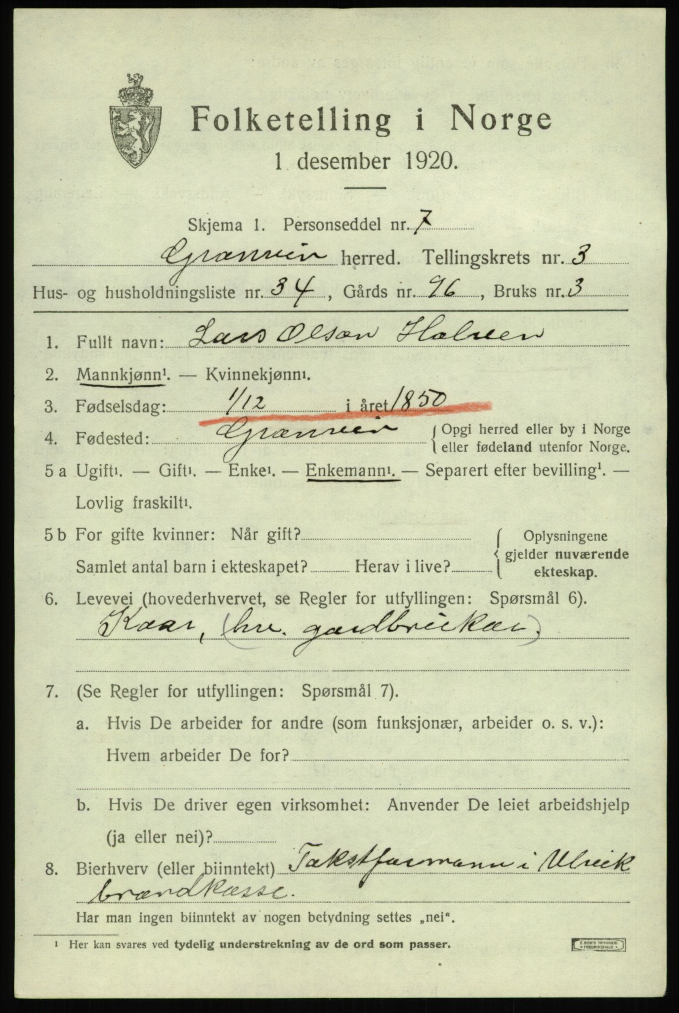 SAB, 1920 census for Granvin, 1920, p. 1536