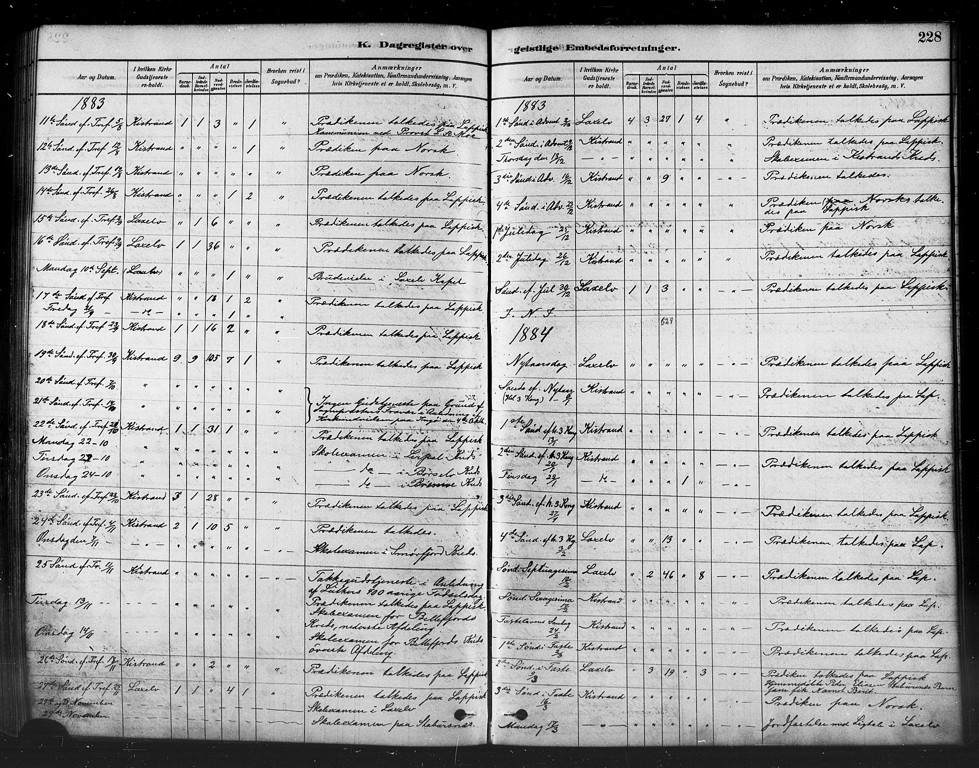 Kistrand/Porsanger sokneprestembete, AV/SATØ-S-1351/H/Ha/L0007.kirke: Parish register (official) no. 7, 1881-1889, p. 228