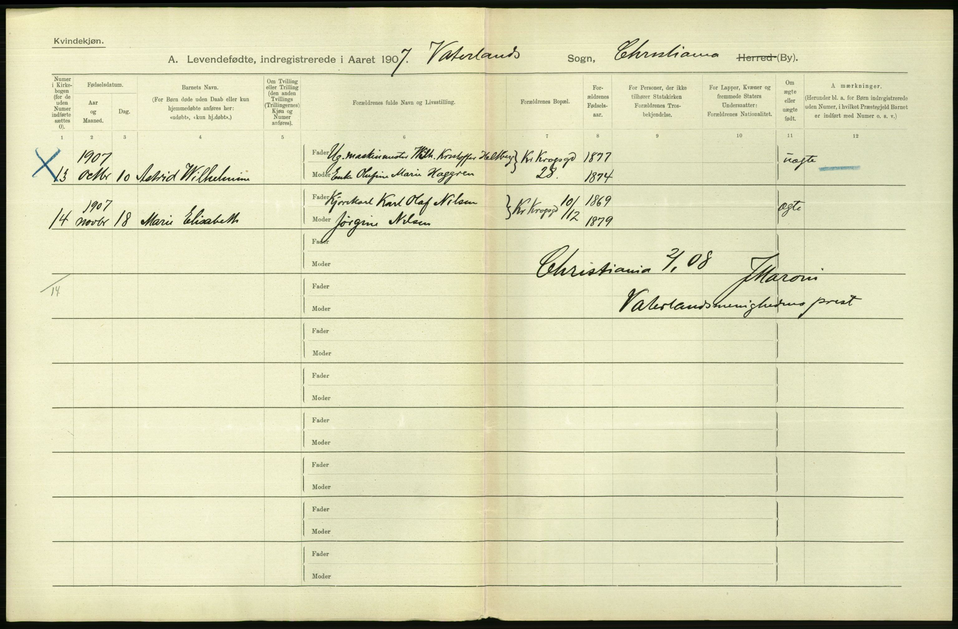 Statistisk sentralbyrå, Sosiodemografiske emner, Befolkning, AV/RA-S-2228/D/Df/Dfa/Dfae/L0007: Kristiania: Levendefødte menn og kvinner., 1907, p. 718