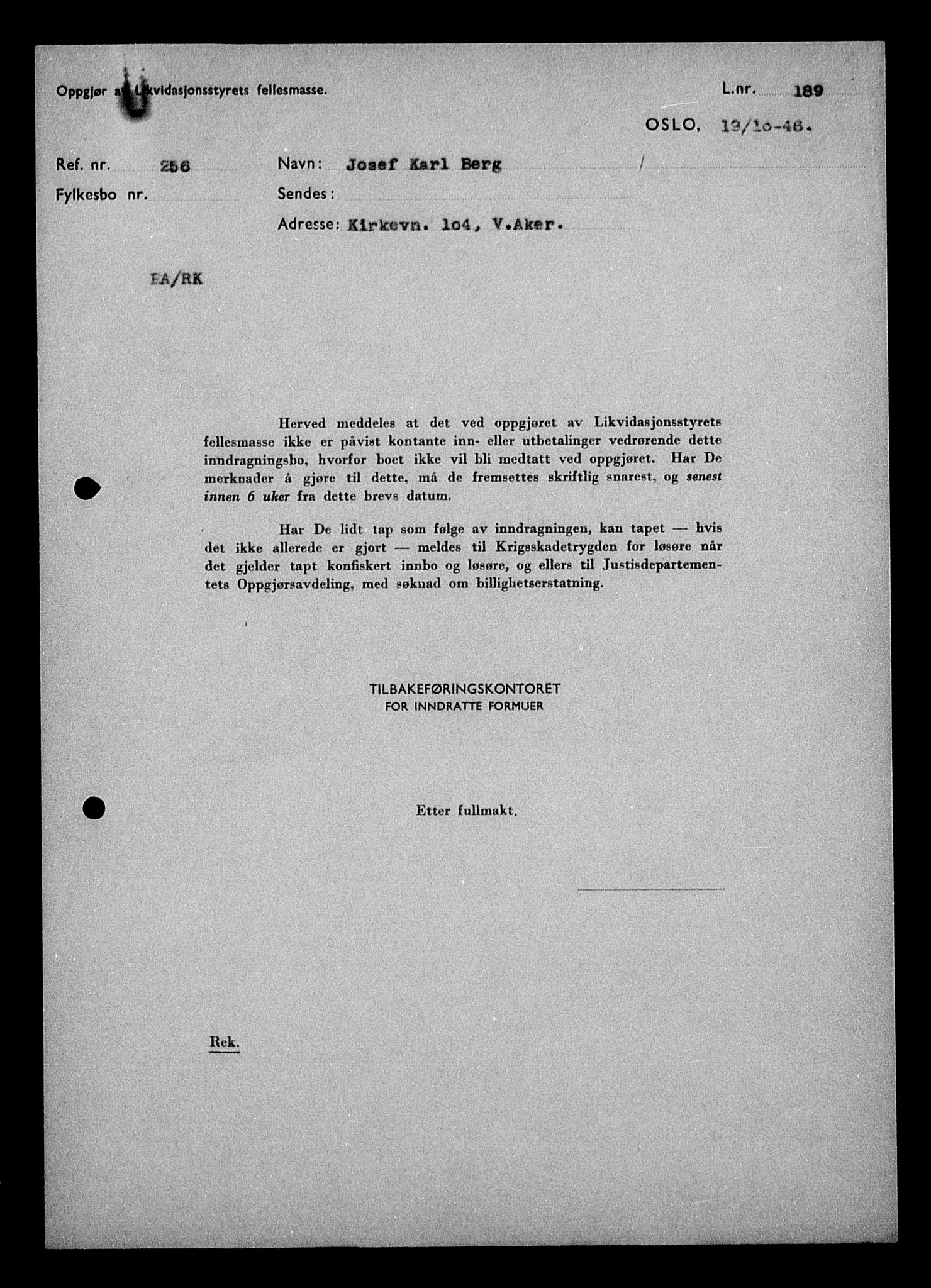 Justisdepartementet, Tilbakeføringskontoret for inndratte formuer, AV/RA-S-1564/H/Hc/Hcc/L0920: --, 1945-1947, p. 465