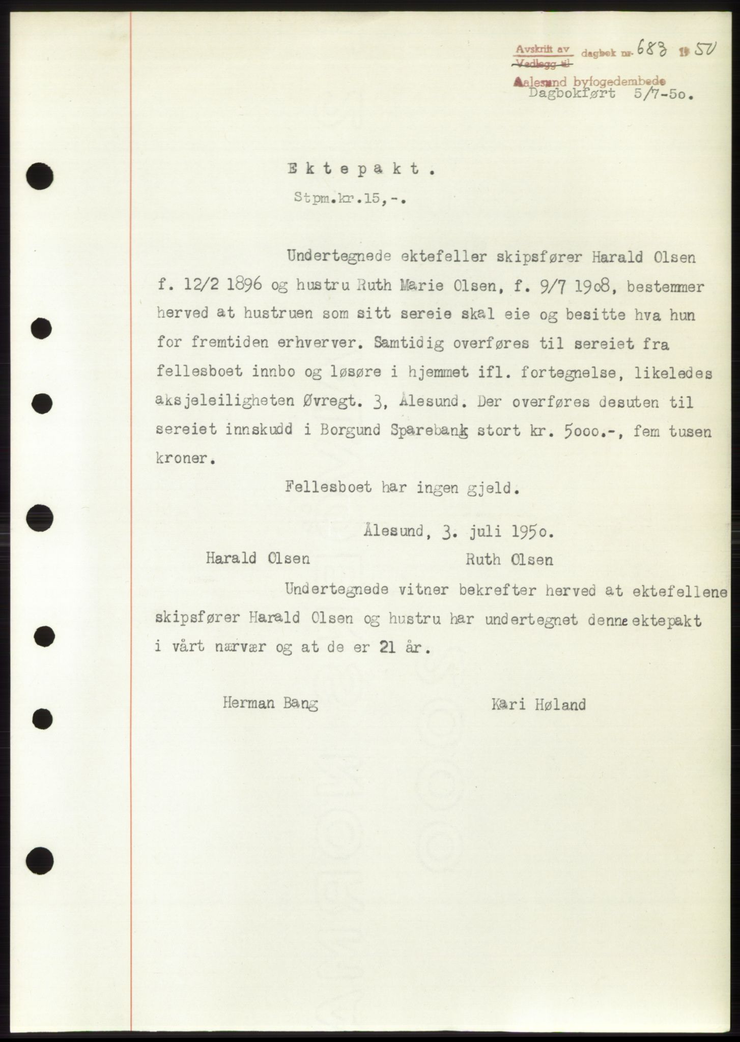 Ålesund byfogd, AV/SAT-A-4384: Mortgage book no. B36-38, 1948-1950, Diary no: : 683/1950