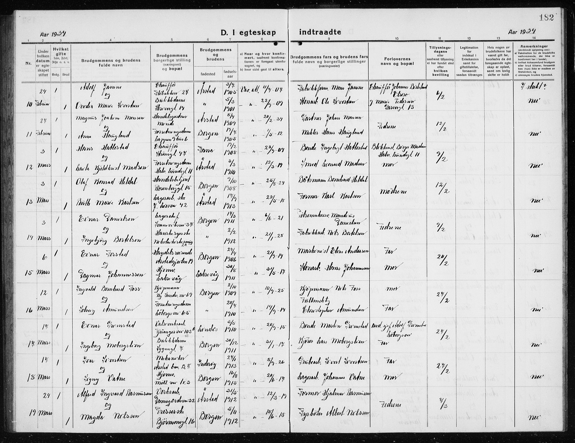 Årstad Sokneprestembete, AV/SAB-A-79301/H/Hab/L0020: Parish register (copy) no. C  2, 1920-1935, p. 182