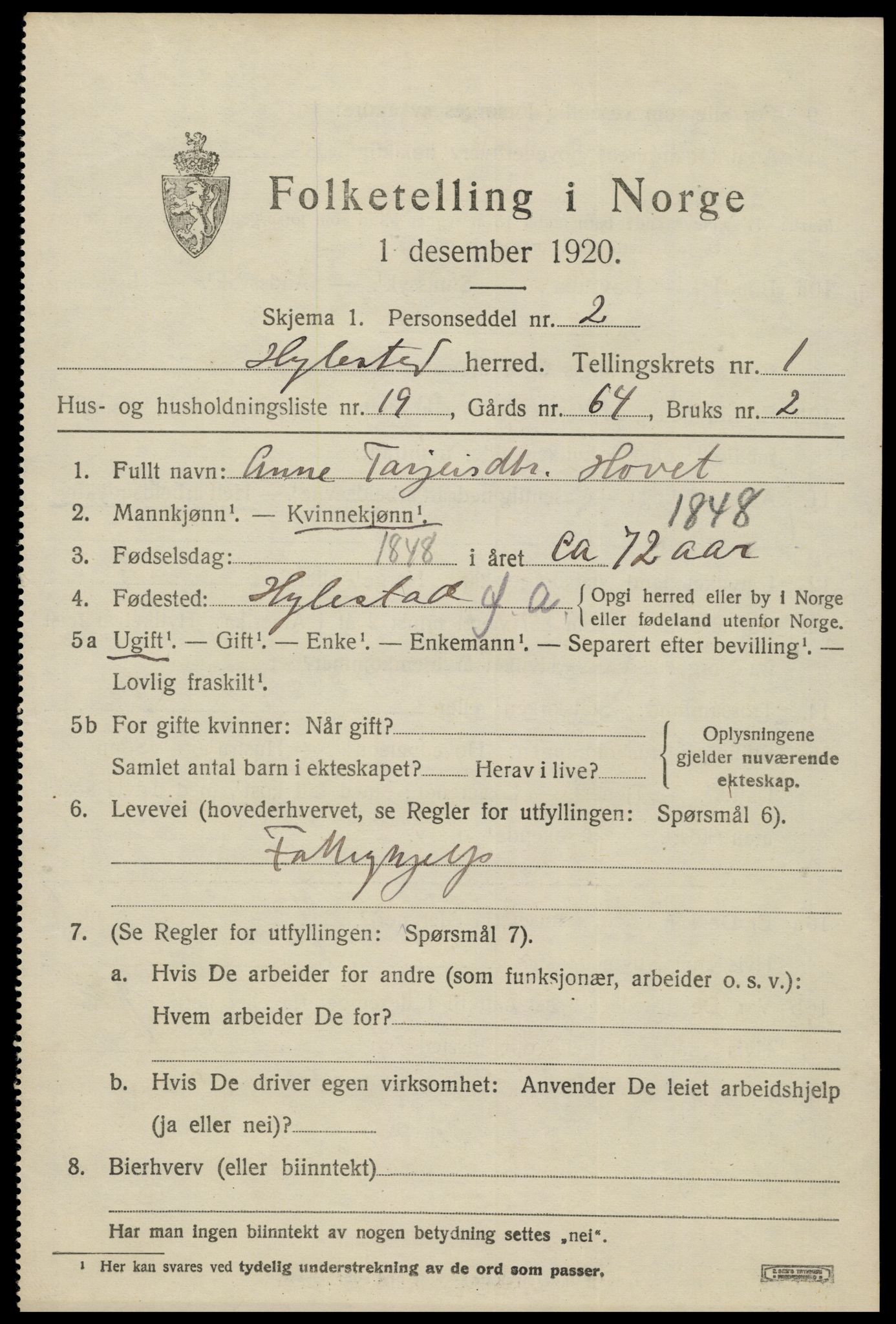 SAK, 1920 census for Hylestad, 1920, p. 460