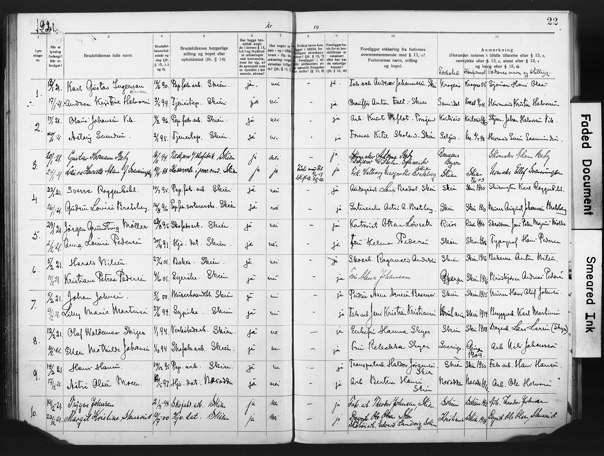 Skien kirkebøker, SAKO/A-302/H/Ha/L0001: Banns register no. 1, 1919-1929, p. 22