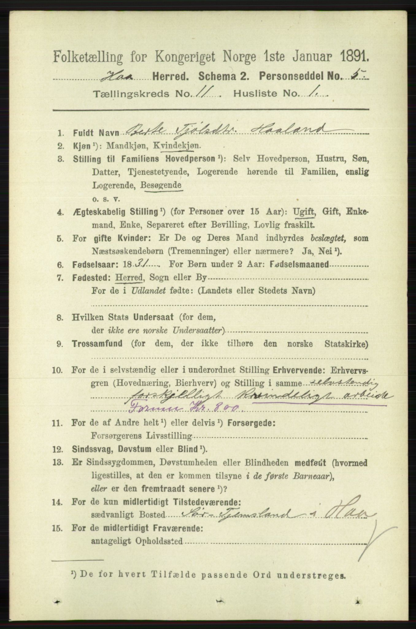 RA, 1891 census for 1119 Hå, 1891, p. 2633