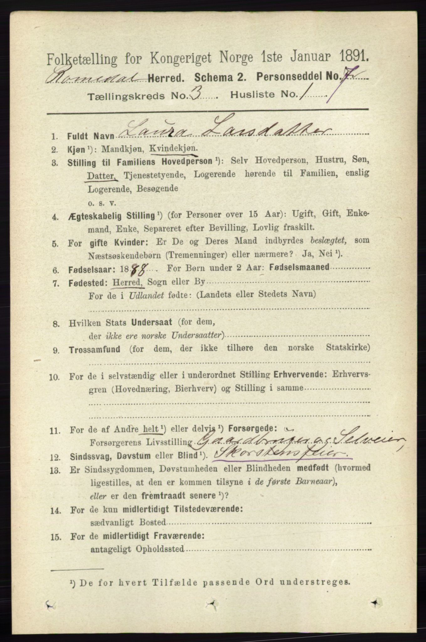 RA, 1891 census for 0416 Romedal, 1891, p. 1425