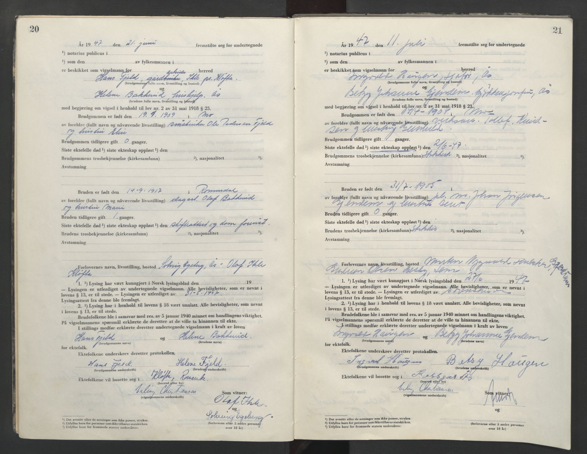 Follo sorenskriveri, AV/SAO-A-10274/L/La/Lab/L0003: Vigselsbok, 1946-1955, p. 20-21