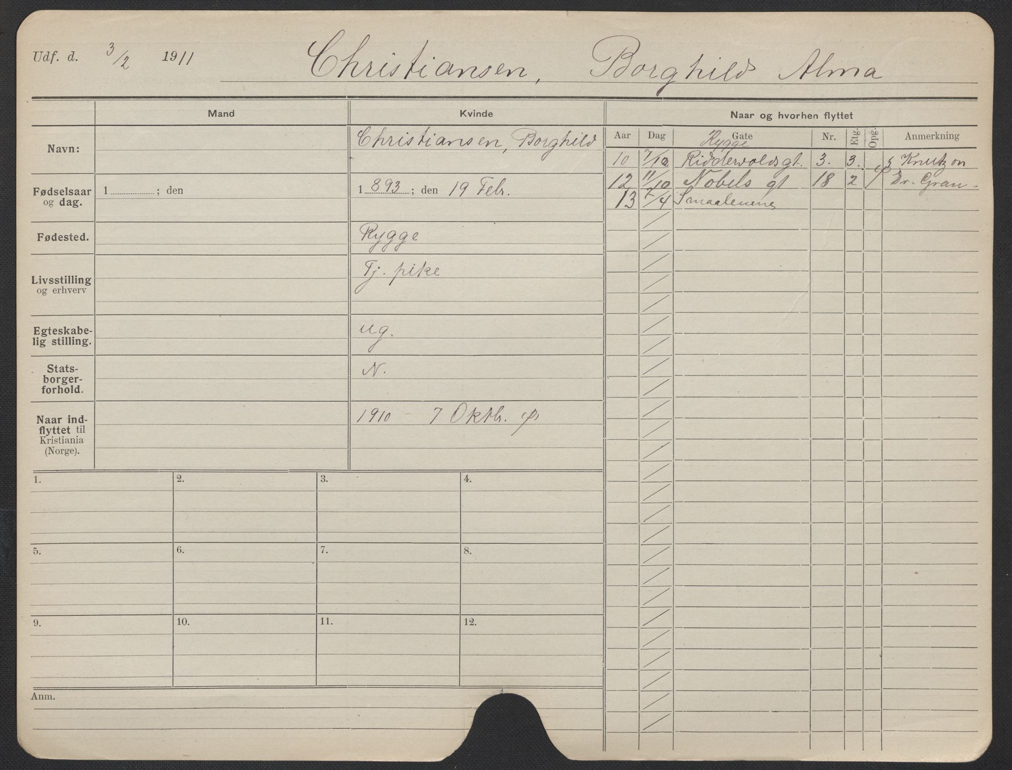 Oslo folkeregister, Registerkort, AV/SAO-A-11715/F/Fa/Fac/L0019: Kvinner, 1906-1914, p. 252a