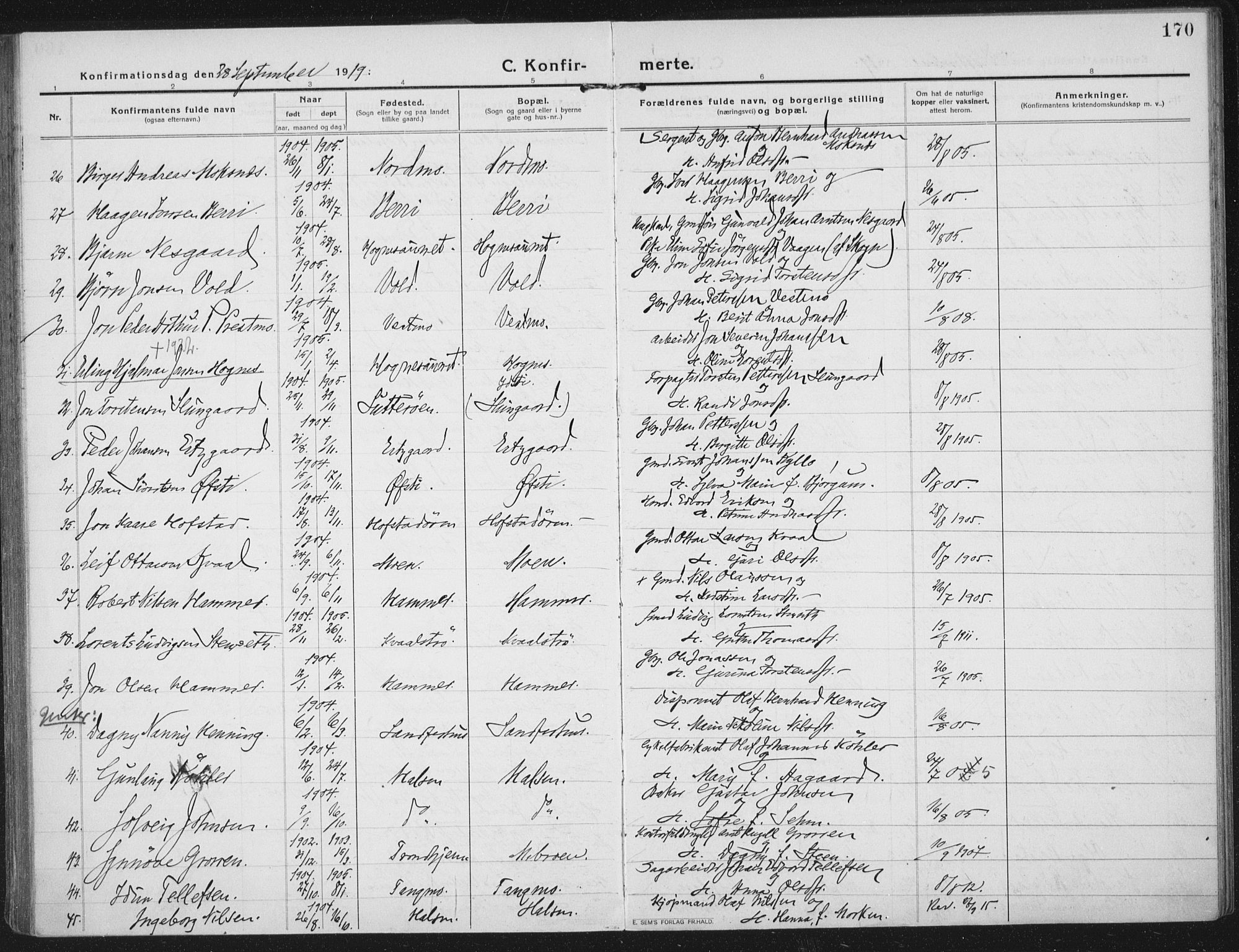 Ministerialprotokoller, klokkerbøker og fødselsregistre - Nord-Trøndelag, AV/SAT-A-1458/709/L0083: Parish register (official) no. 709A23, 1916-1928, p. 170