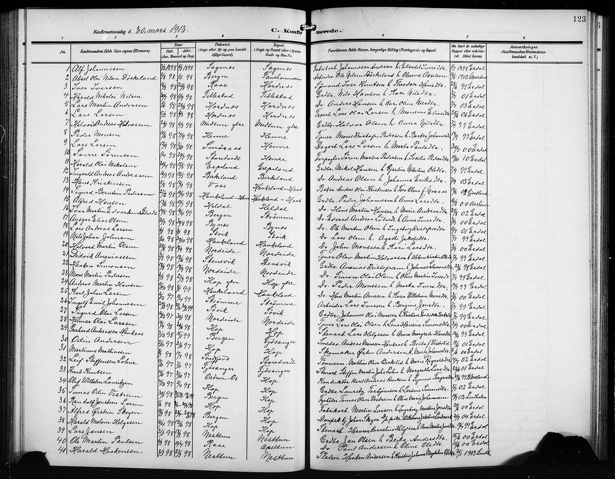 Birkeland Sokneprestembete, SAB/A-74601/H/Hab: Parish register (copy) no. A 6, 1906-1915, p. 123