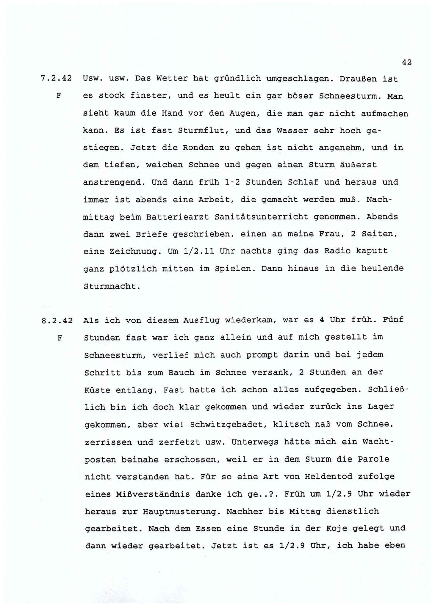 Dagbokopptegnelser av en tysk marineoffiser stasjonert i Norge , FMFB/A-1160/F/L0001: Dagbokopptegnelser av en tysk marineoffiser stasjonert i Norge, 1941-1944, p. 42