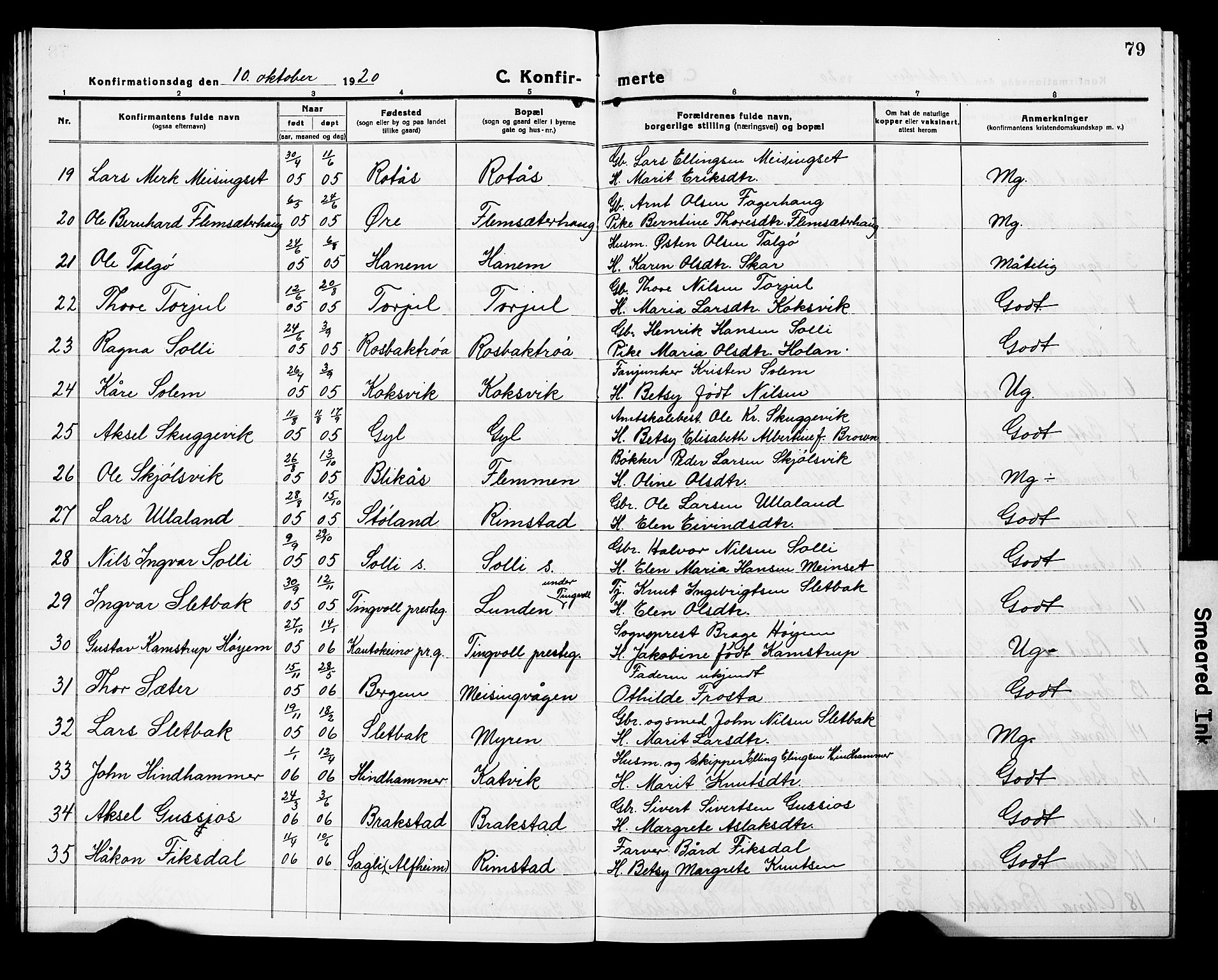 Ministerialprotokoller, klokkerbøker og fødselsregistre - Møre og Romsdal, SAT/A-1454/586/L0994: Parish register (copy) no. 586C05, 1919-1927, p. 79