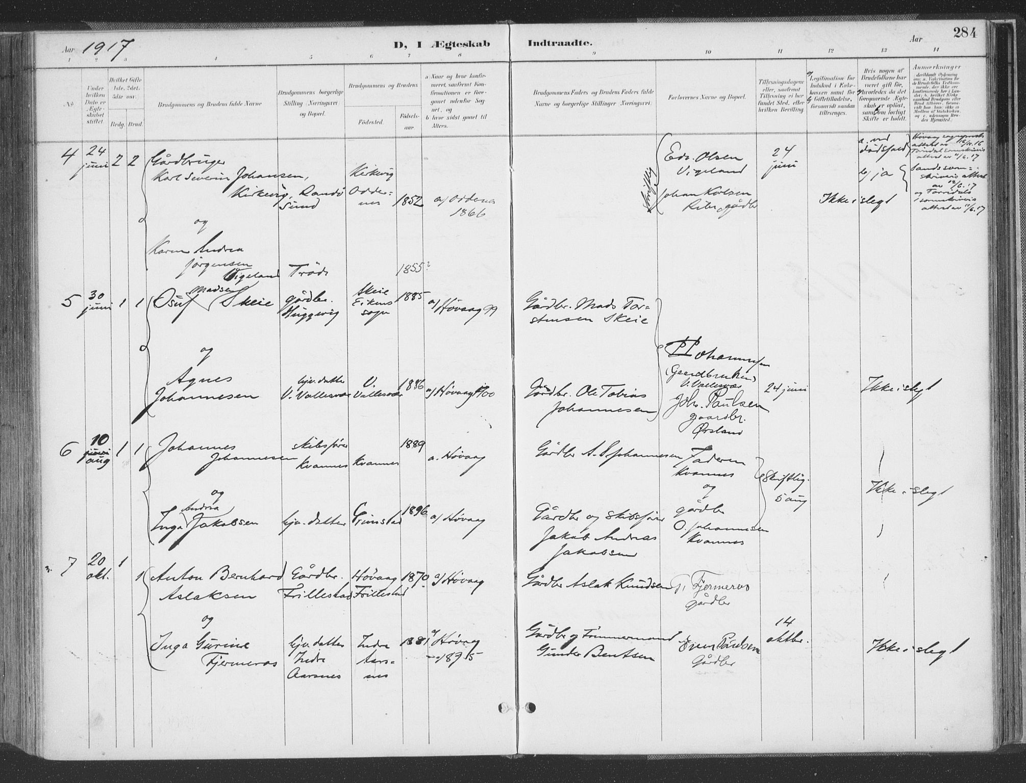 Høvåg sokneprestkontor, AV/SAK-1111-0025/F/Fa/L0006: Parish register (official) no. A 6, 1894-1923, p. 284