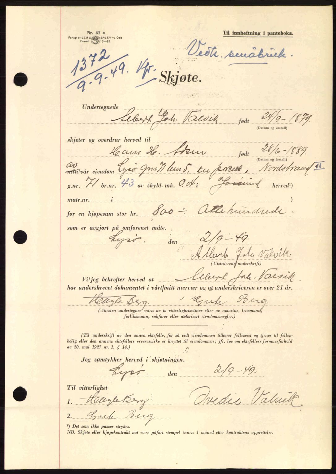 Fosen sorenskriveri, AV/SAT-A-1107/1/2/2C: Mortgage book no. A10, 1949-1950, Diary no: : 1372/1949