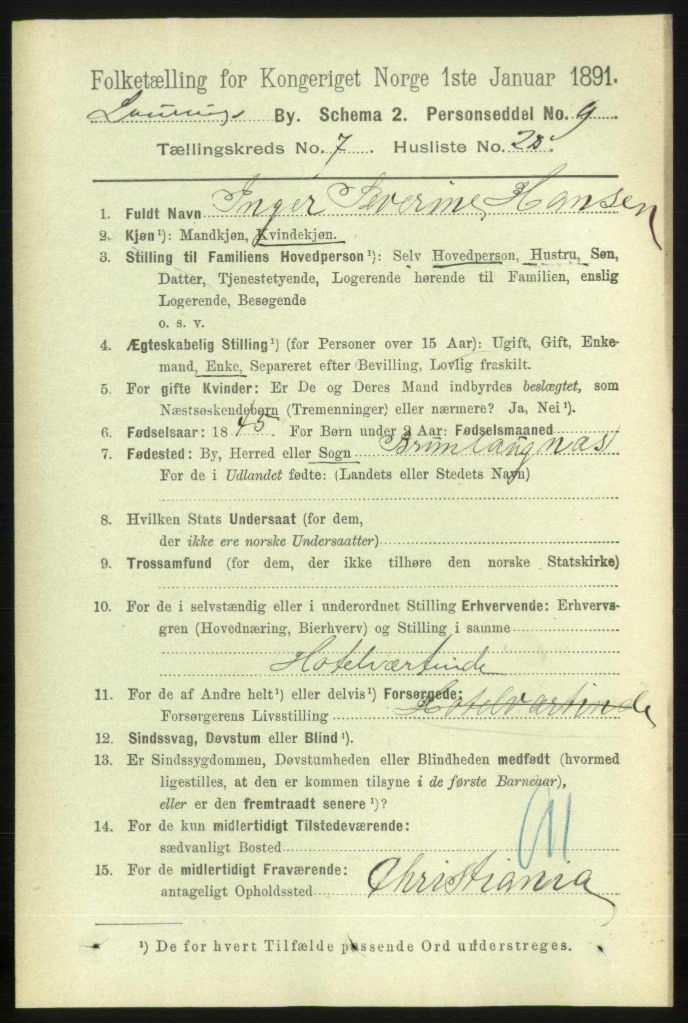 RA, 1891 census for 0707 Larvik, 1891, p. 7563