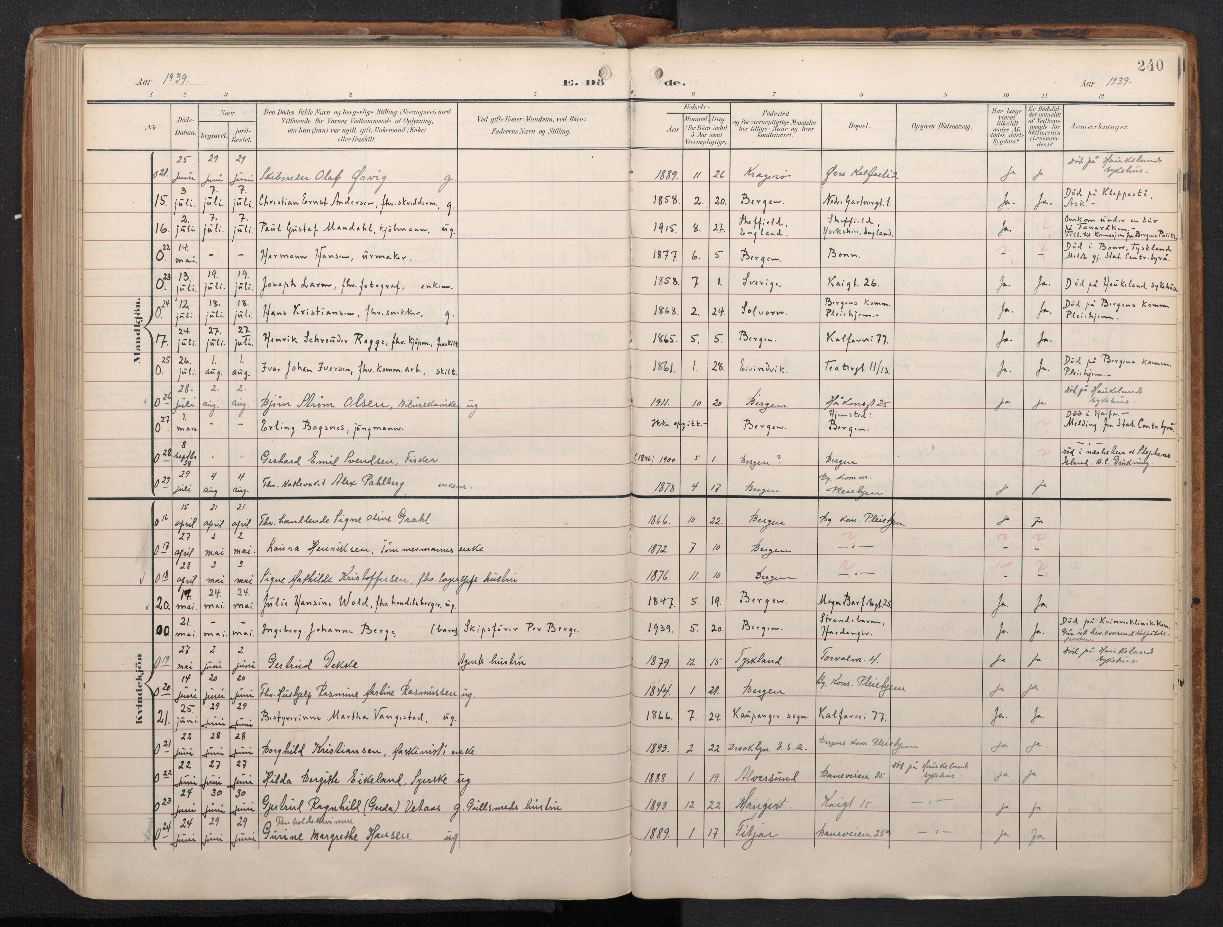 Domkirken sokneprestembete, AV/SAB-A-74801/H/Haa/L0044: Parish register (official) no. E 6, 1904-1946, p. 239b-240a