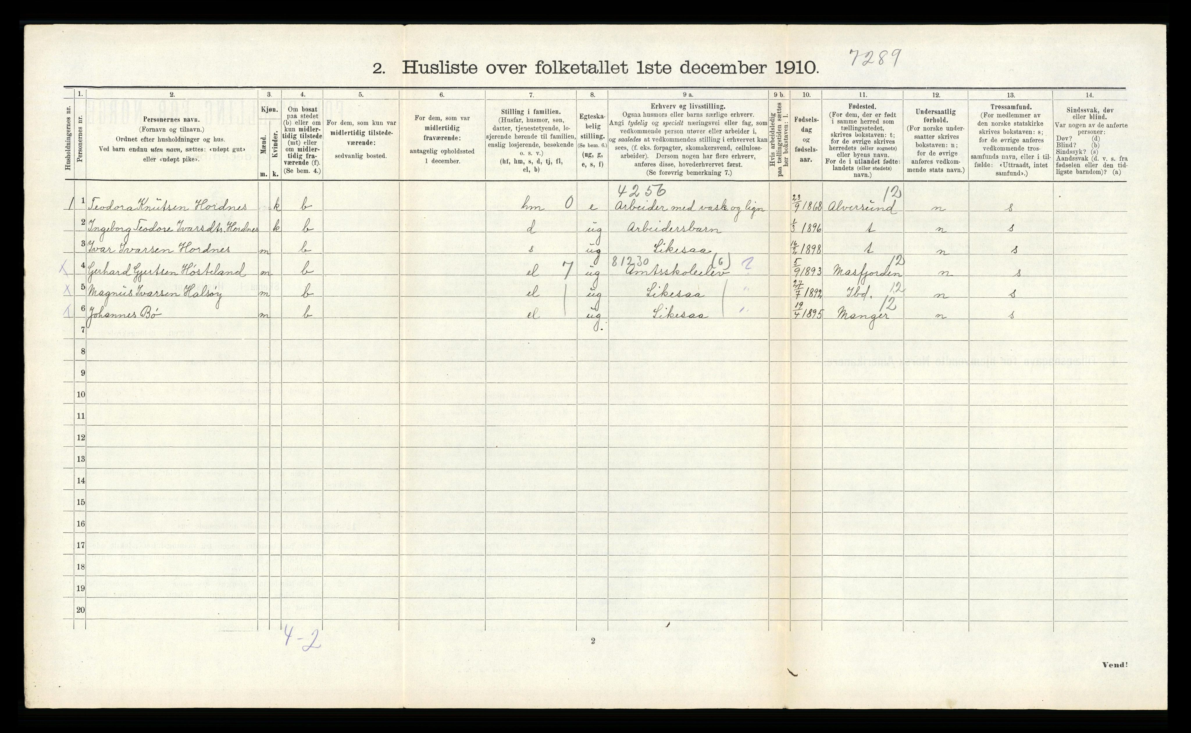 RA, 1910 census for Fana, 1910, p. 498