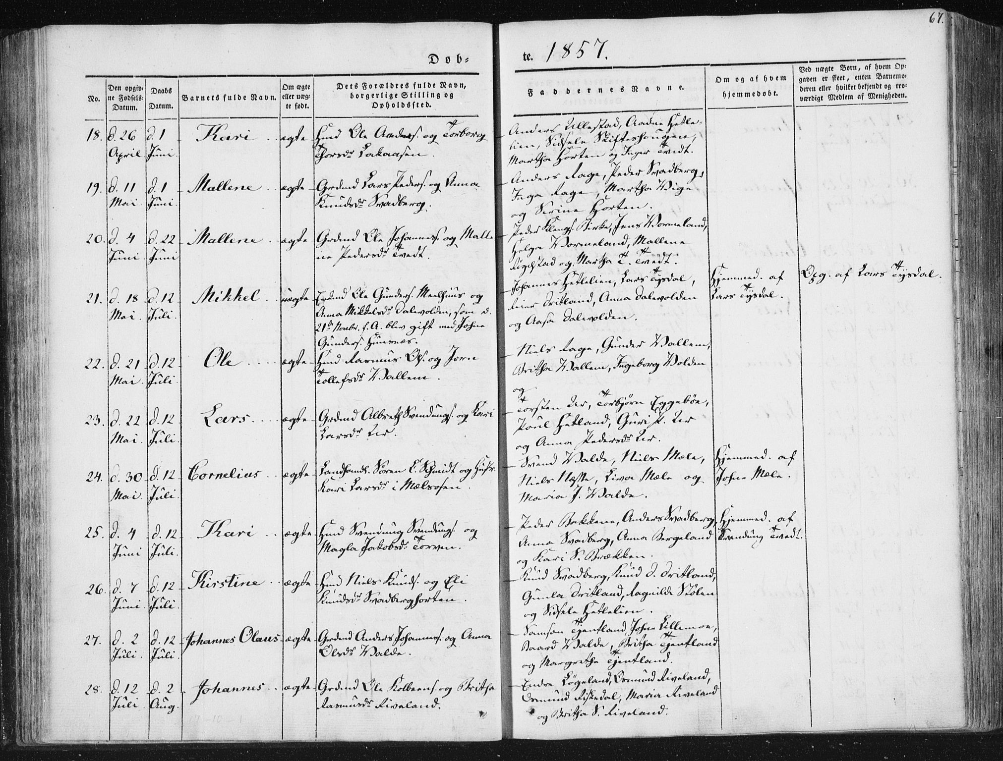 Hjelmeland sokneprestkontor, AV/SAST-A-101843/01/IV/L0008: Parish register (official) no. A 8, 1842-1861, p. 67