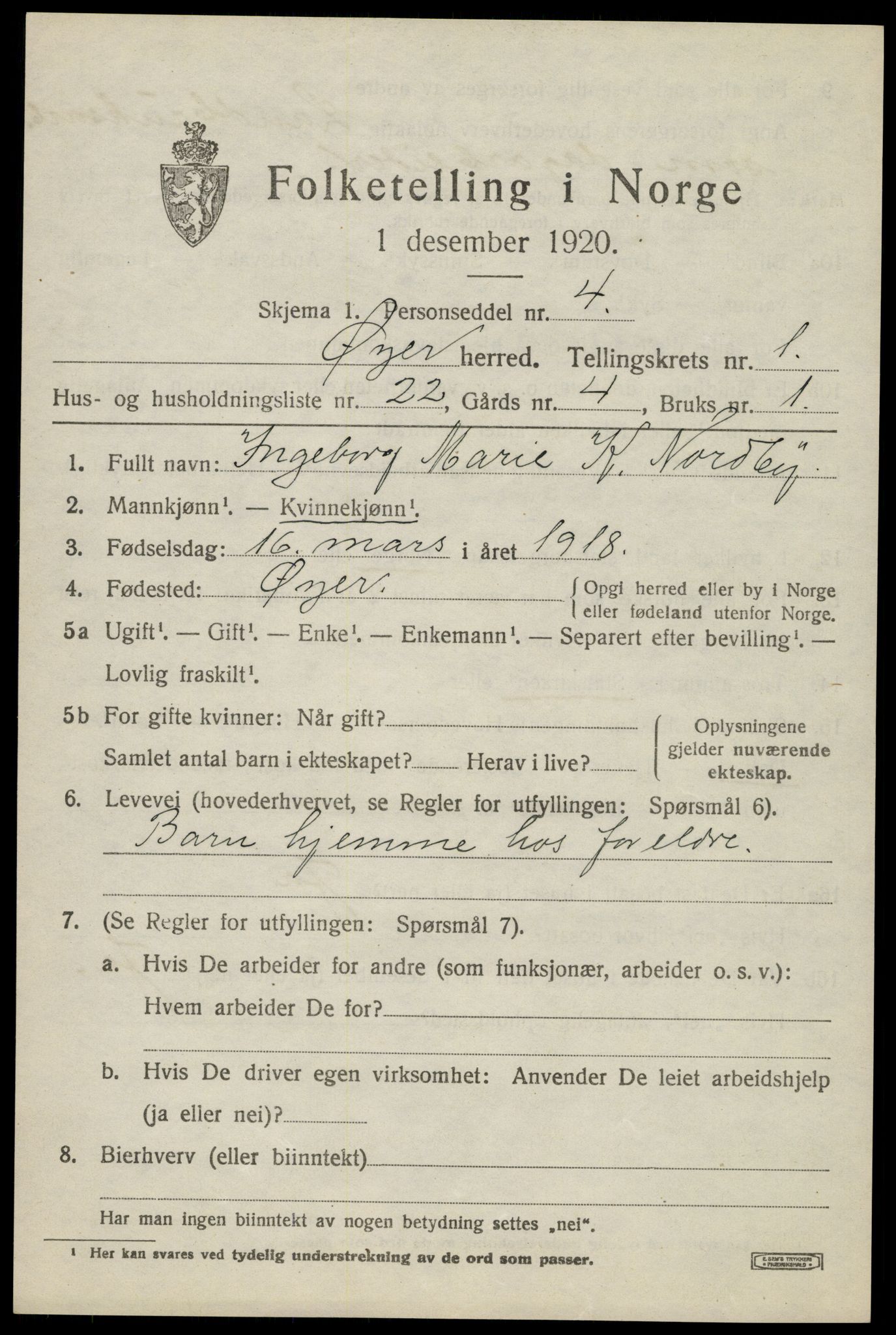 SAH, 1920 census for Øyer, 1920, p. 1483