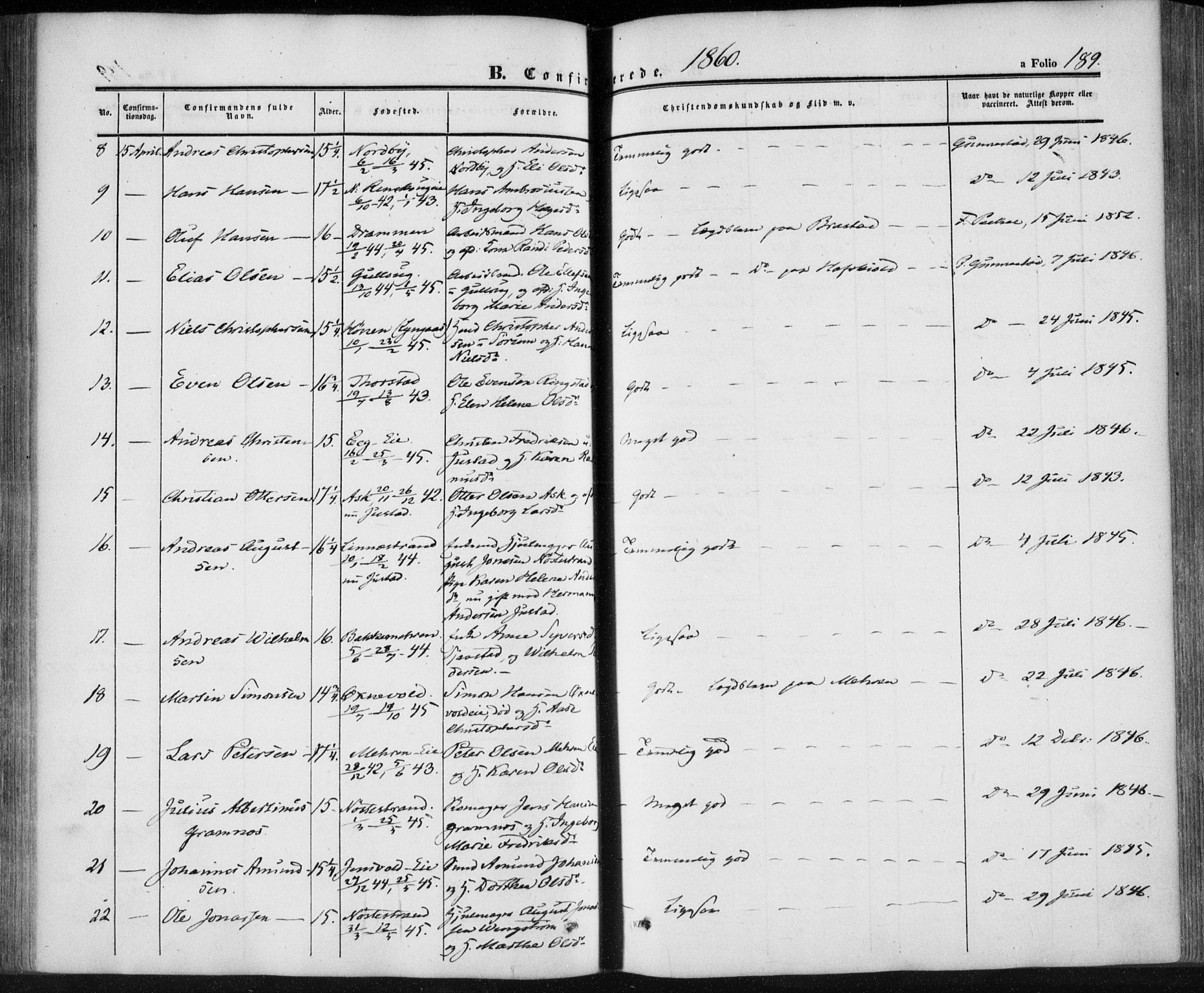 Lier kirkebøker, SAKO/A-230/F/Fa/L0012: Parish register (official) no. I 12, 1854-1864, p. 189