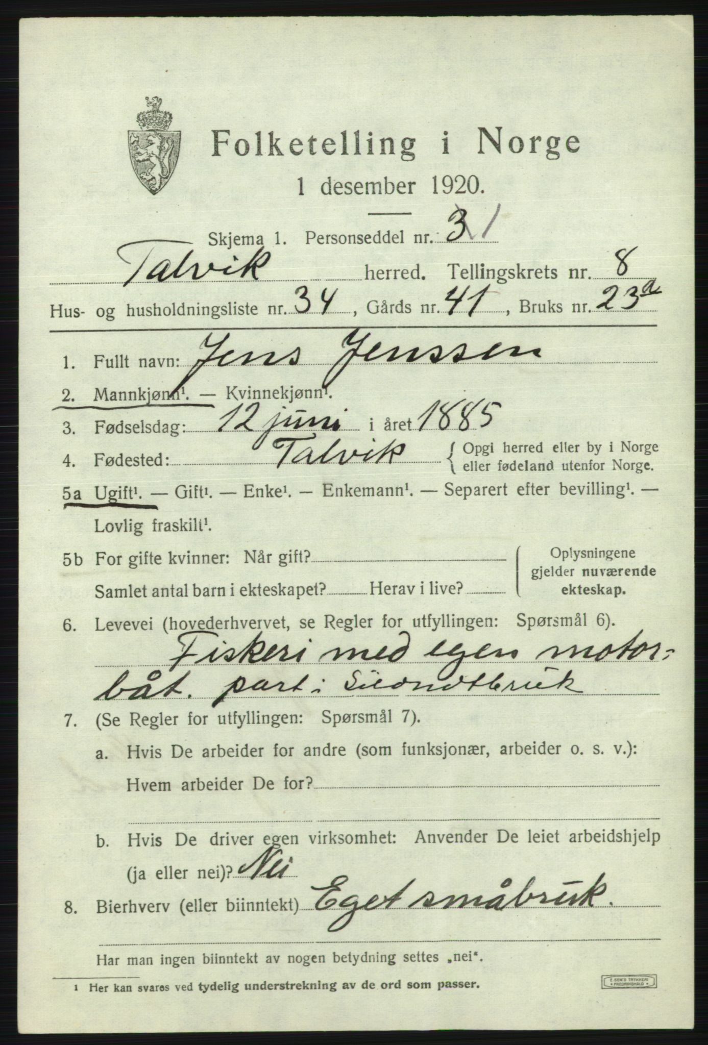 SATØ, 1920 census for Talvik, 1920, p. 5426