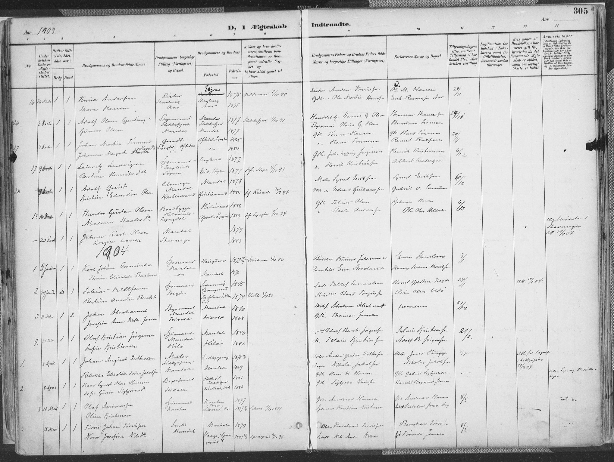 Mandal sokneprestkontor, AV/SAK-1111-0030/F/Fa/Faa/L0018: Parish register (official) no. A 18, 1890-1905, p. 305