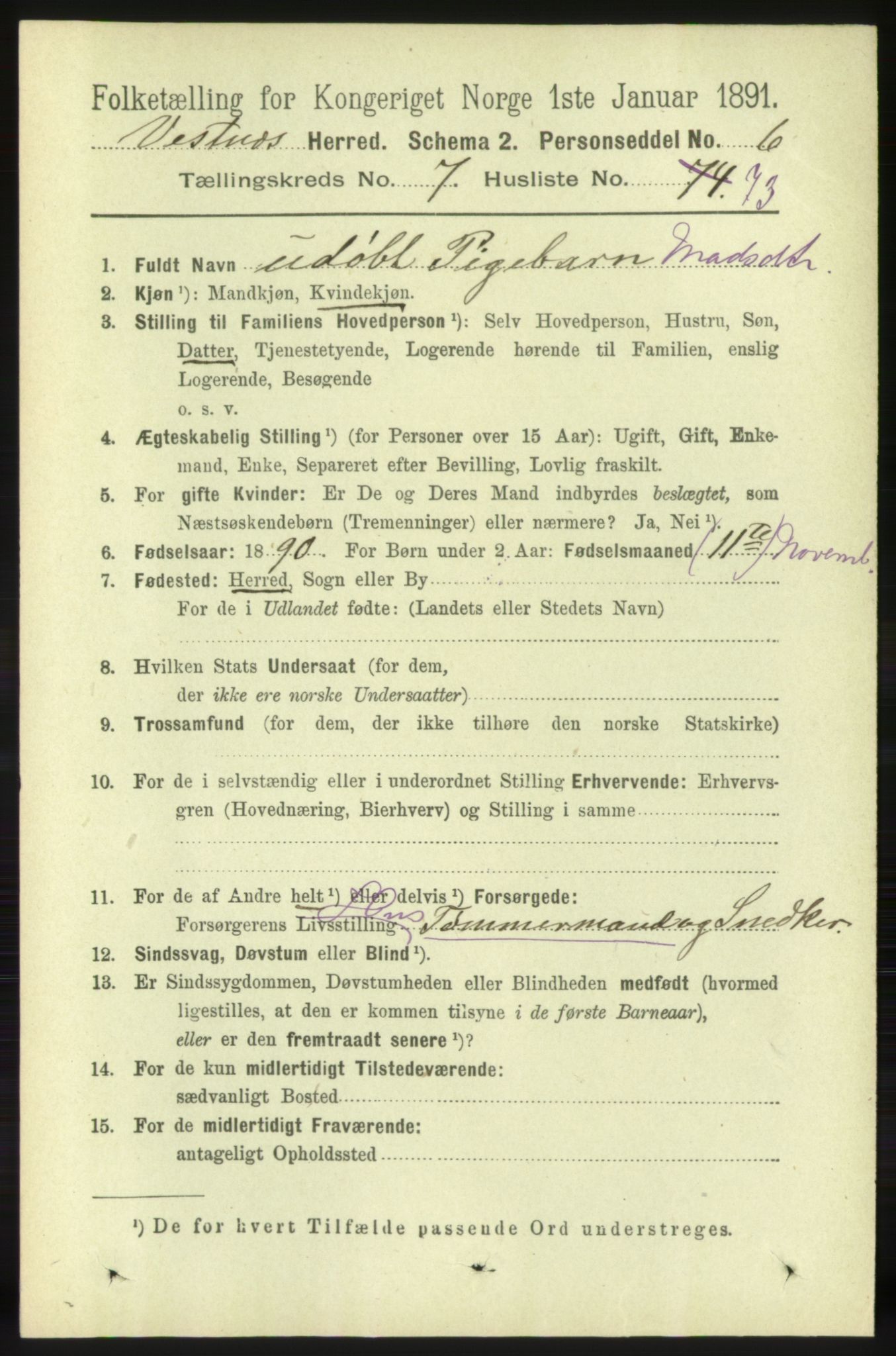 RA, 1891 census for 1535 Vestnes, 1891, p. 3112