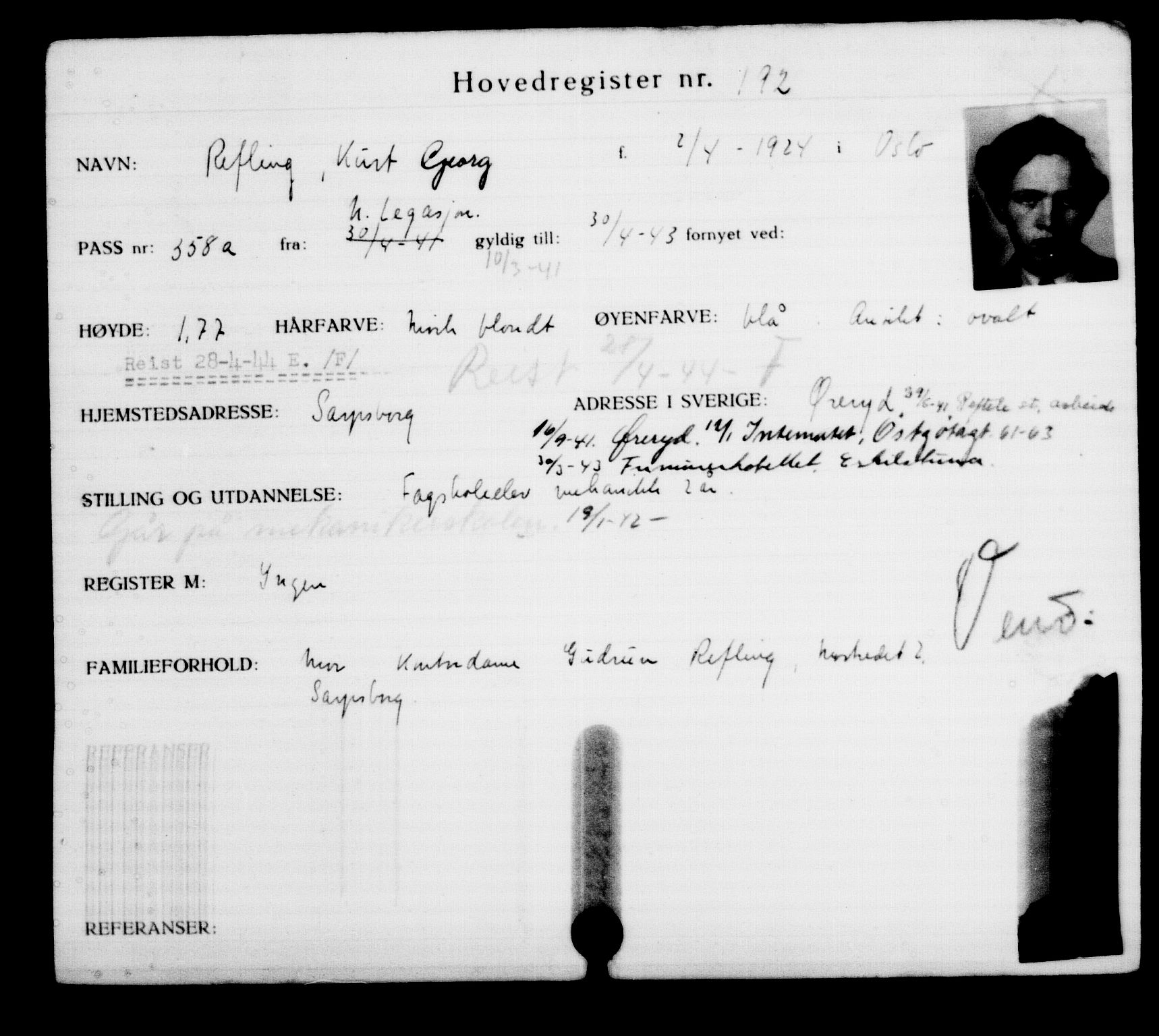 Utenriksstasjonene, Legasjonen i Stockholm, Flyktningkontoret, AV/RA-S-6753/V/Va/L0001: Kjesäterkartoteket, flyktninger med registreringsnr. 1-1000, 1940-1945, p. 308